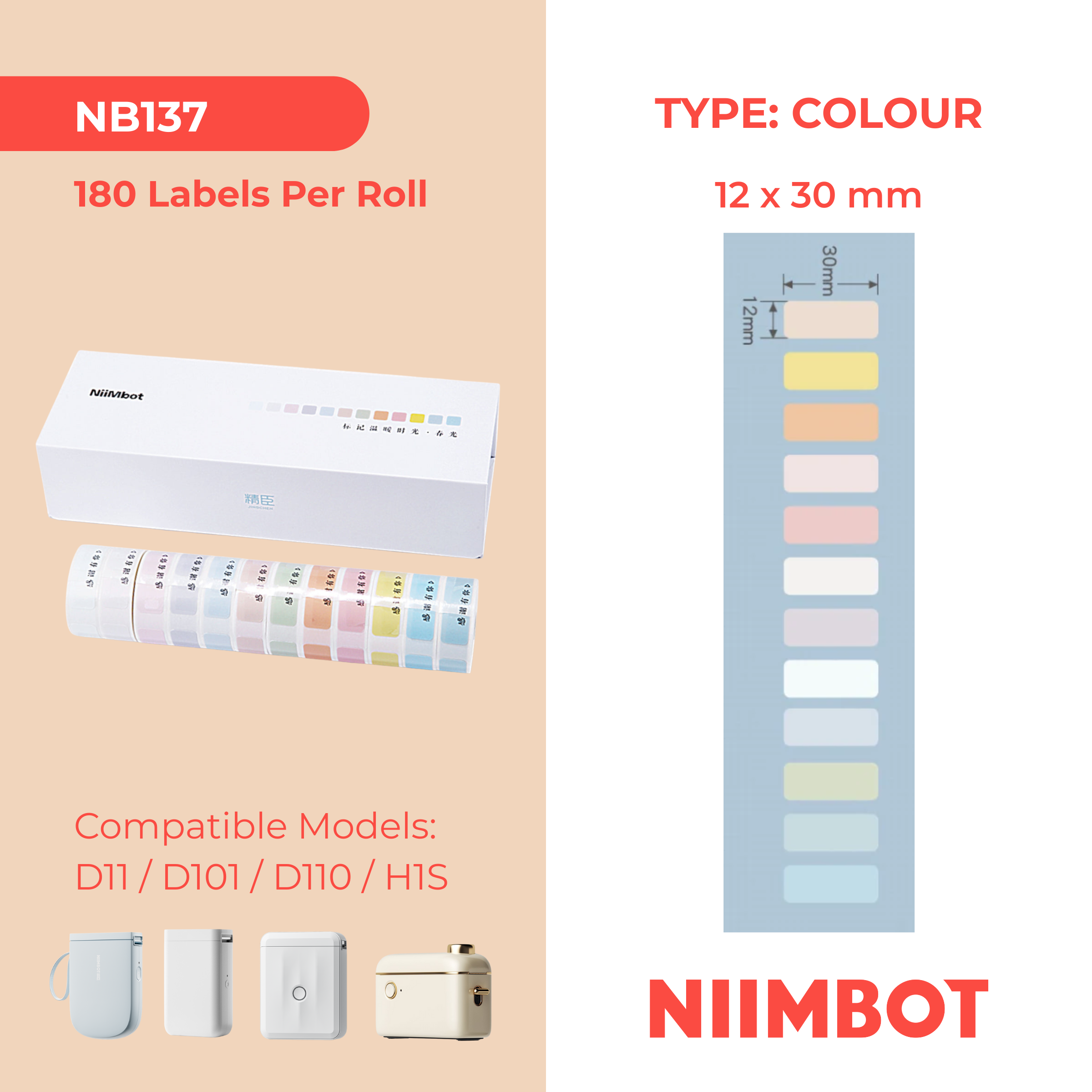 NB137 - NIIMBOT - D11 / D101 / D110 / H1S - 12X30MM - SPRING EDITION - 180 LABELS PER ROLL - 12 X ROLLS