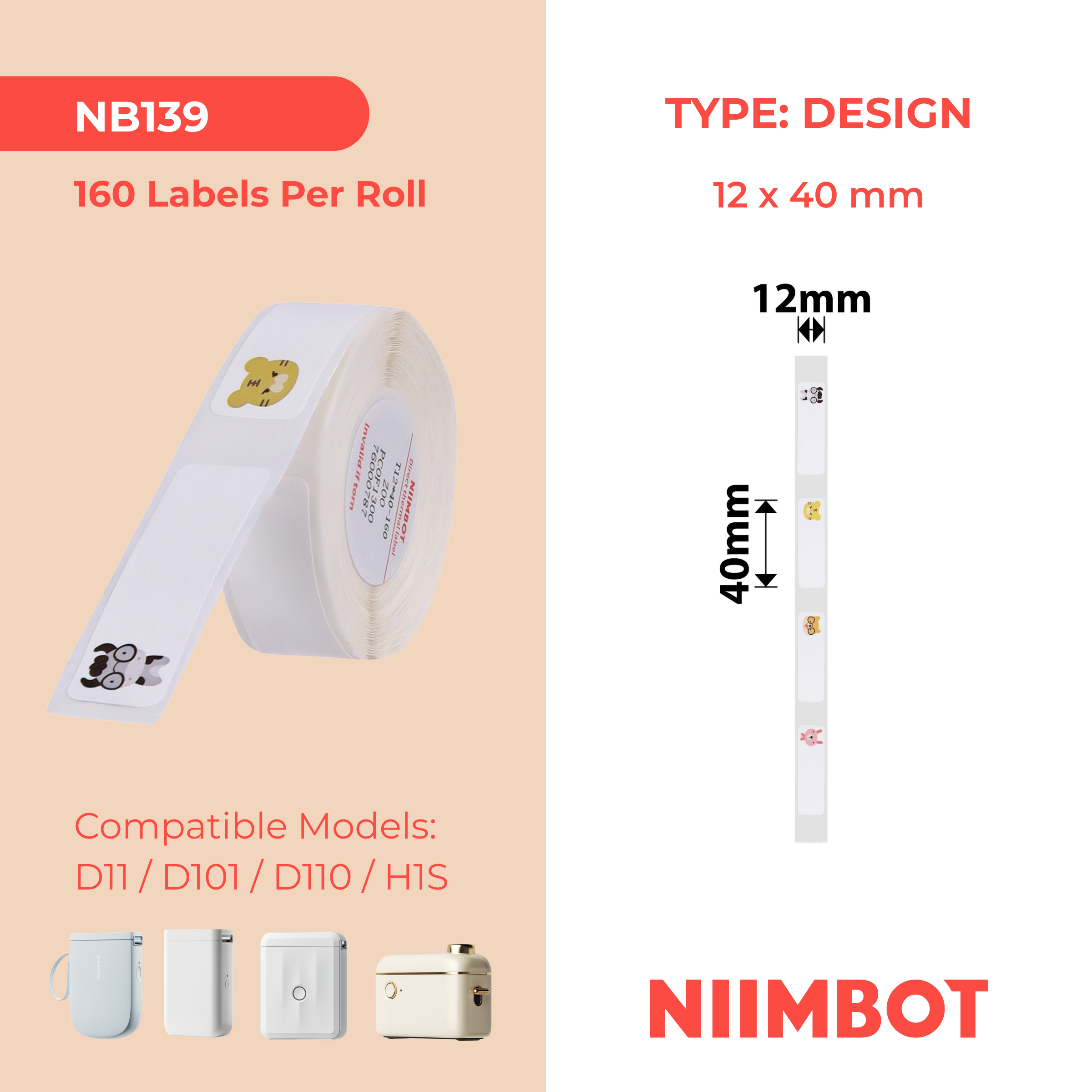 NB139 - NIIMBOT - D11 / D101 / D110 / H1S - RP12X40MM - 160 LABELS PER ROLL - ZOO DESIGN