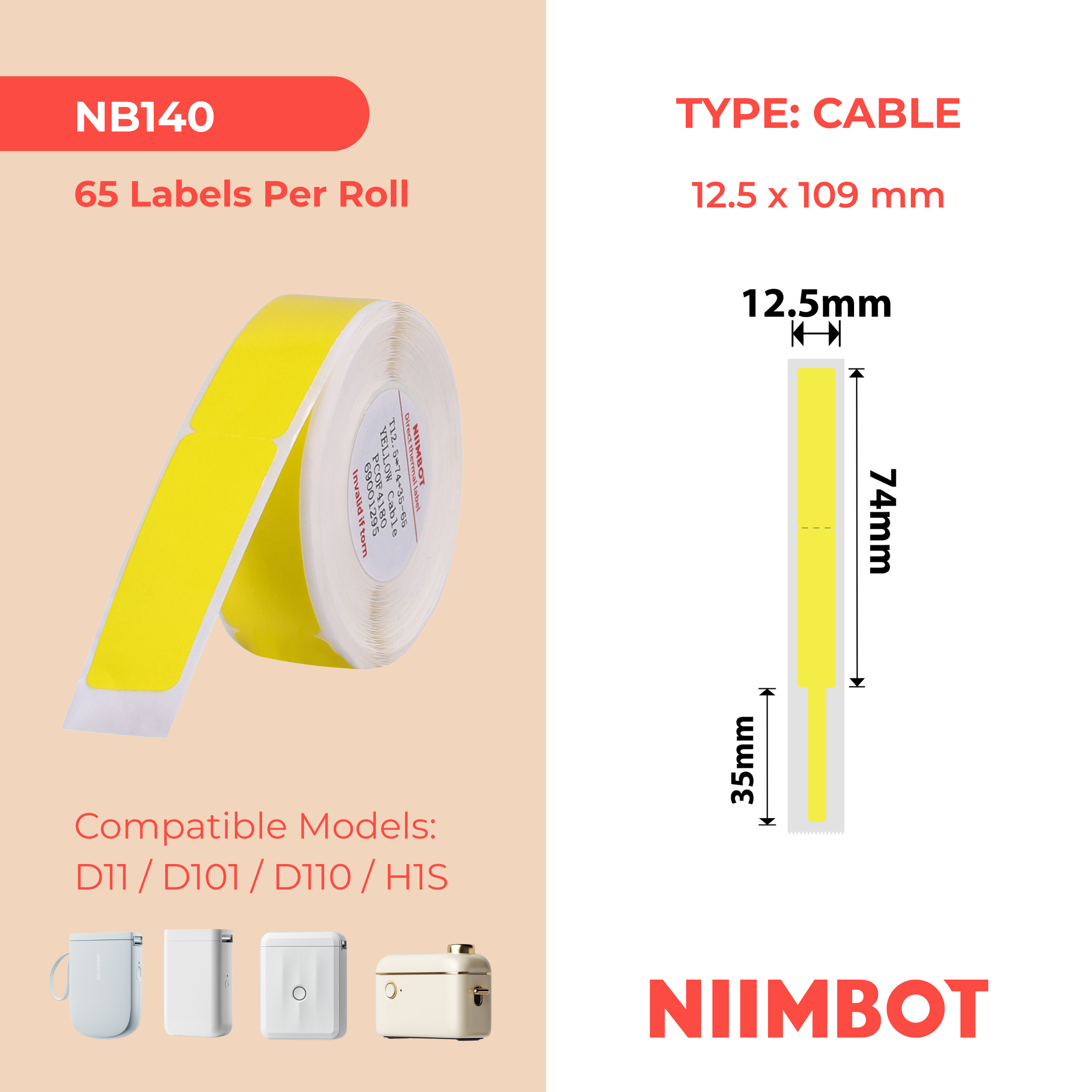 NB140 - NIIMBOT - D11 / D101 / D110 / H1S - RXL 12.5X109MM - 65 LABELS PER ROLL - YELLOW CABLE