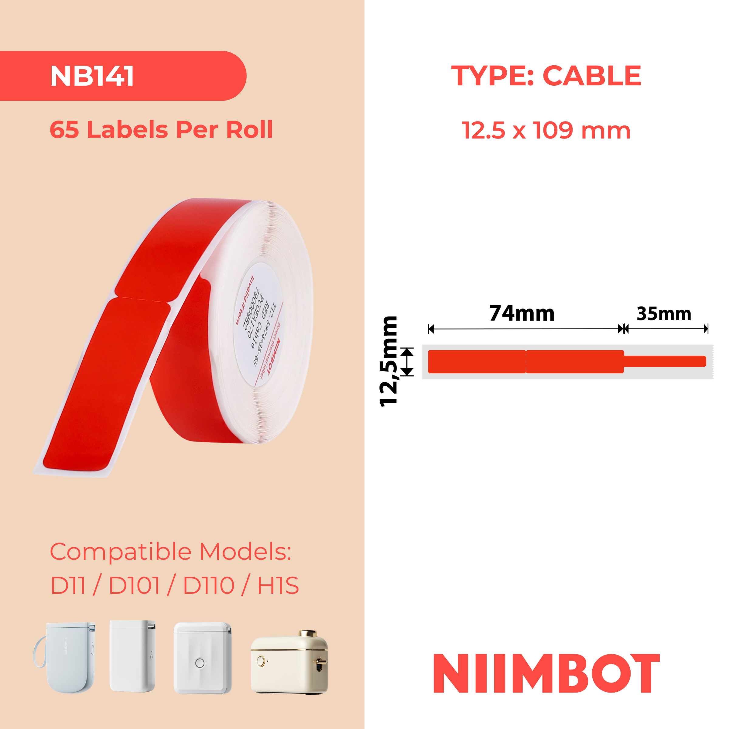 NB141 - NIIMBOT - D11 / D101 / D110 - RXL 12.5*109MM - 65 ETIKETTE PER ROL - ROOI KABEL