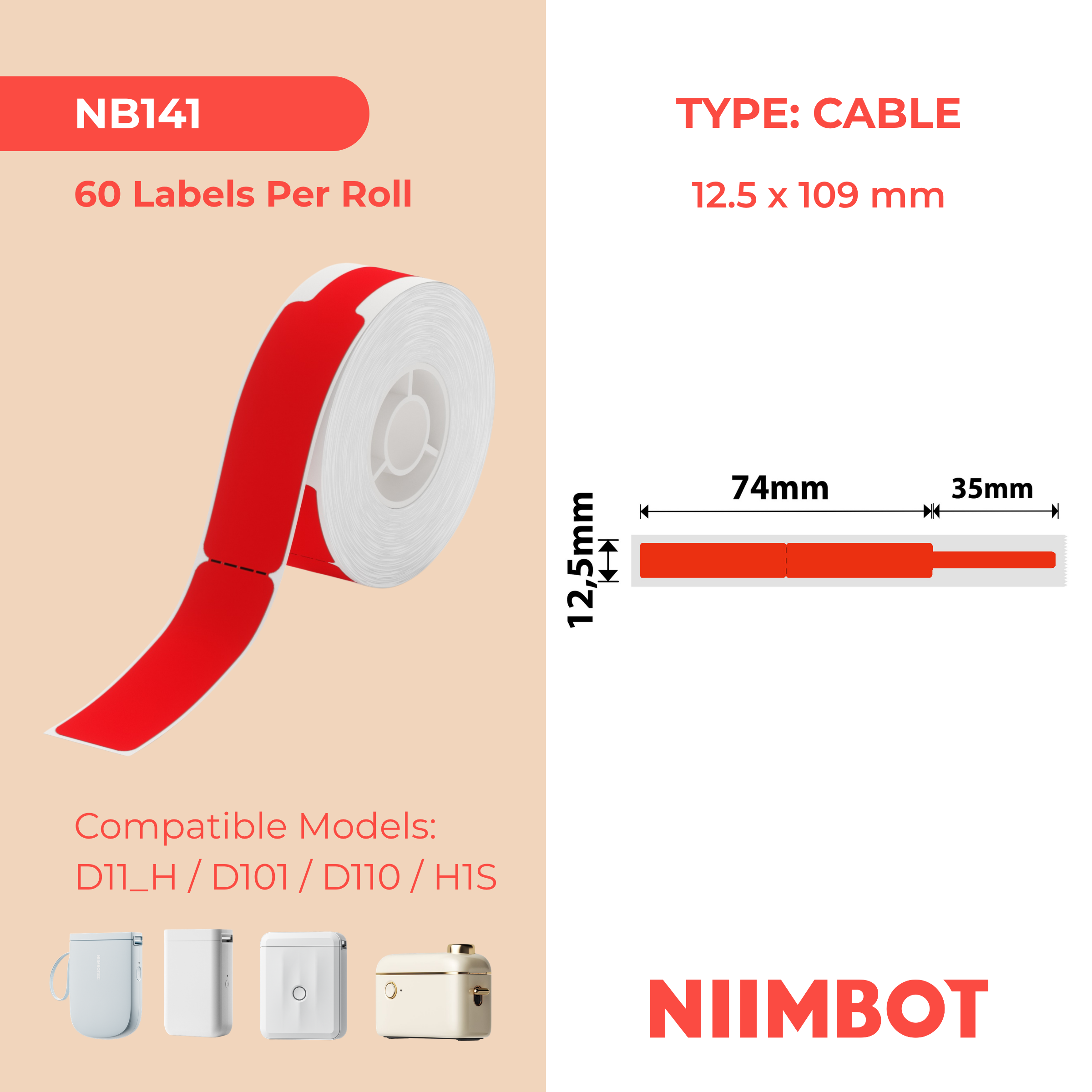 NIIMBOT - D Range - 12.5x109mm - Red Cable - 60 Labels
