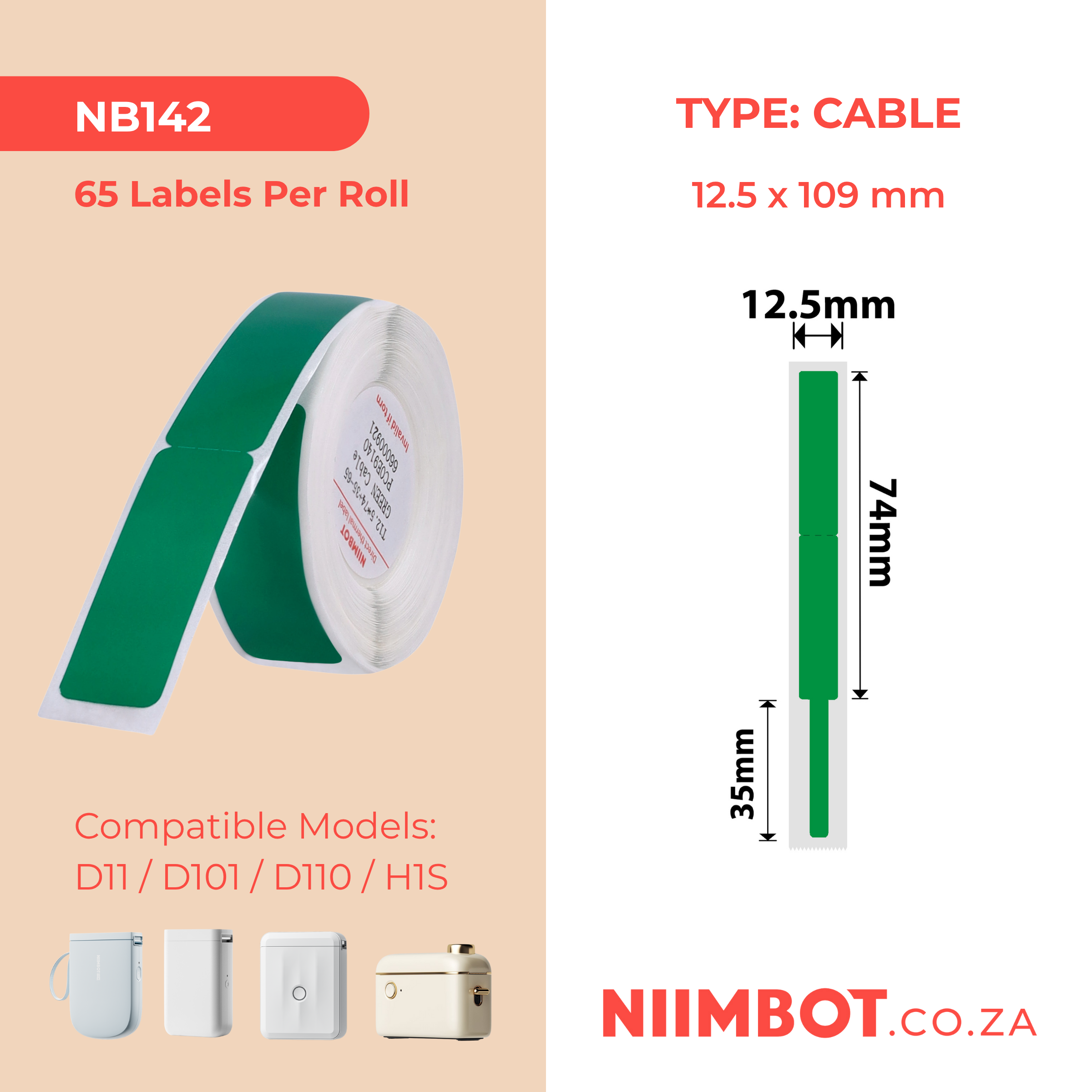 NB142 - NIIMBOT - D11 / D101 / D110 - RXL 12.5*109MM - 65 LABELS PER ROLL - GREEN CABLE