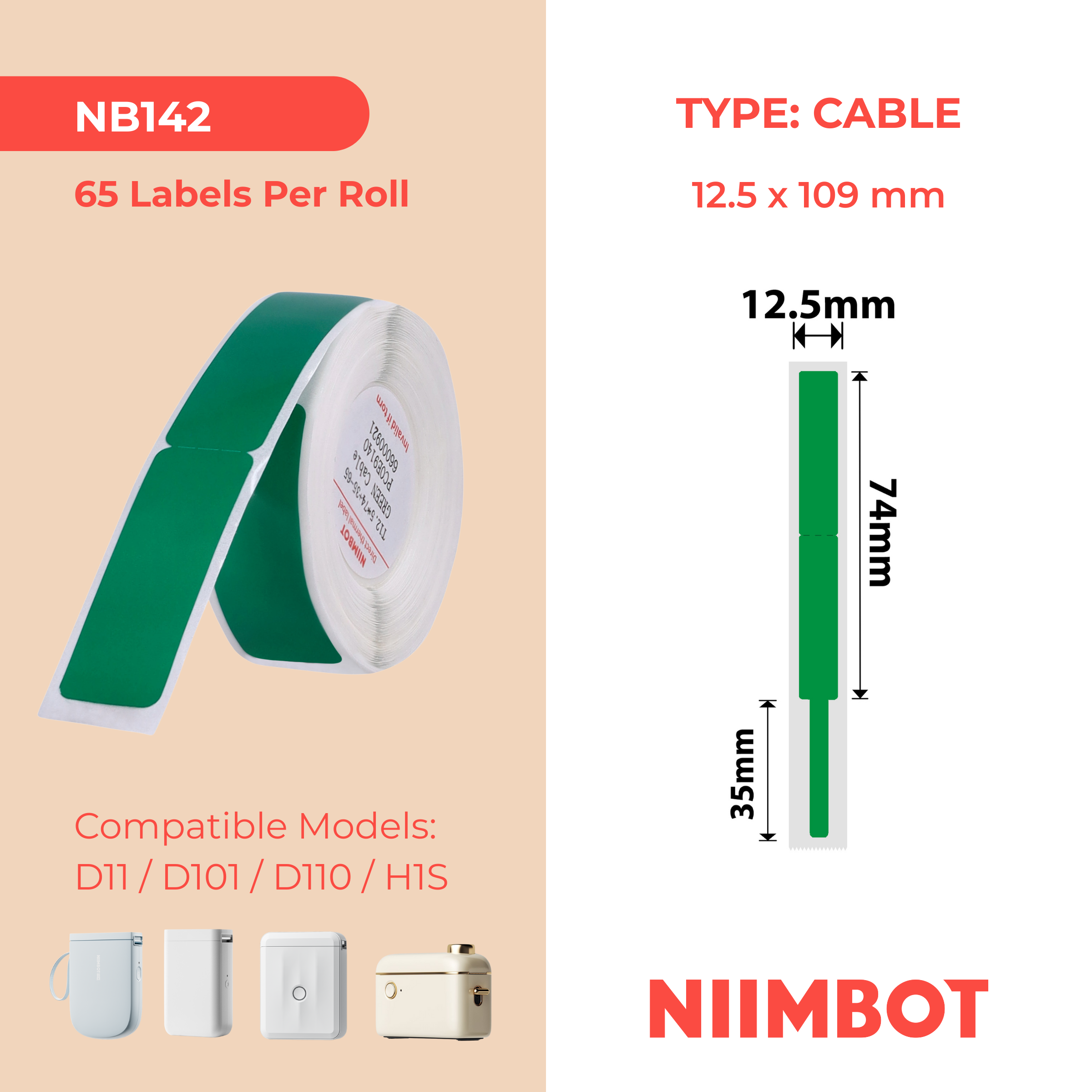 NB142 - NIIMBOT - D11 / D101 / D110 - RXL 12.5*109MM - 65 ETIKETTE PER ROL - GROEN KABEL