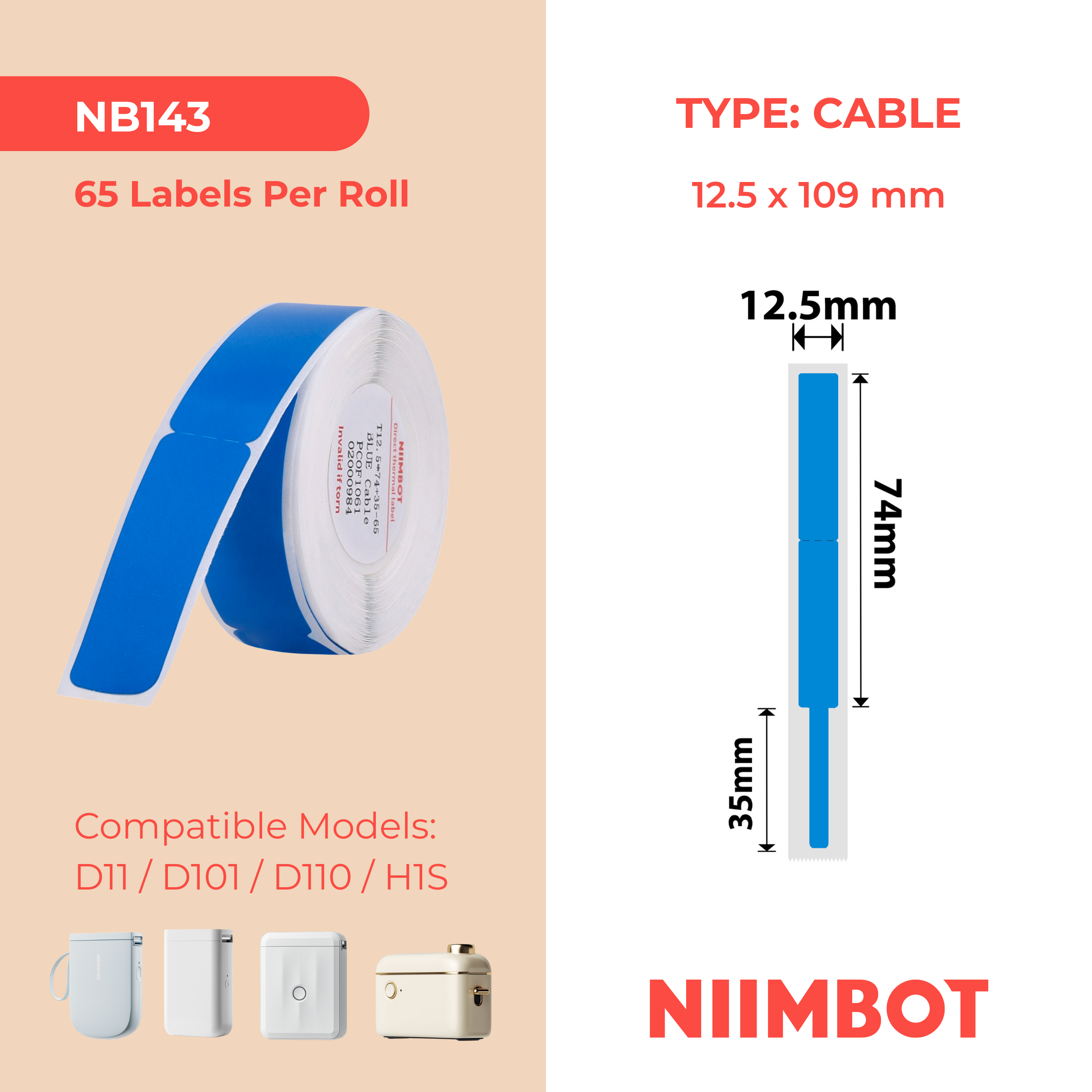 NB143 - NIIMBOT - D11 / D101 / D110 - RXL 12.5*109MM - 65 ETIKETTE PER ROL - BLOU KABEL