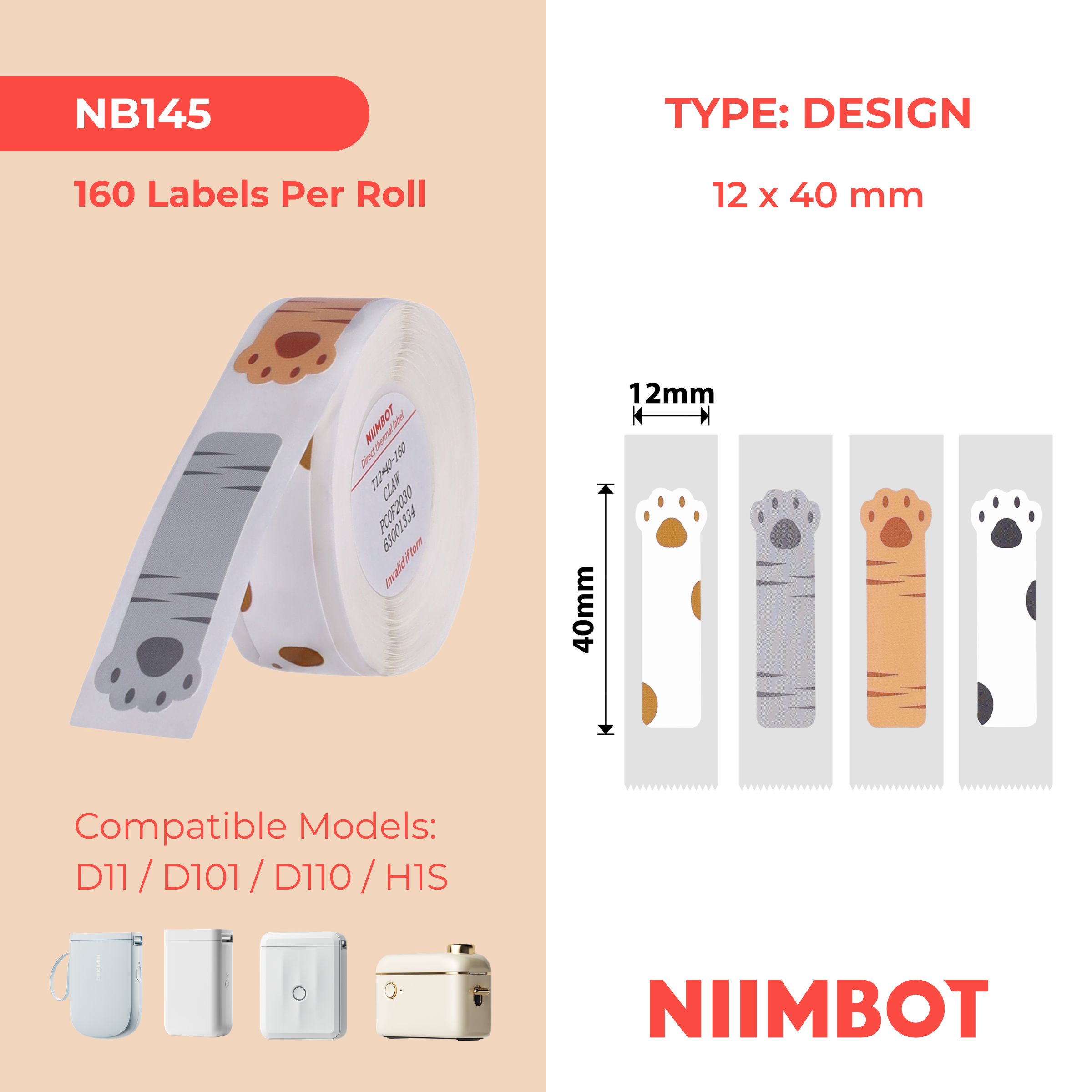 NB145 - NIIMBOT - D11 / D101 / D110 - RP12*40 - 160 ETIKETTE PER ROL - KATPOOTONTWERP
