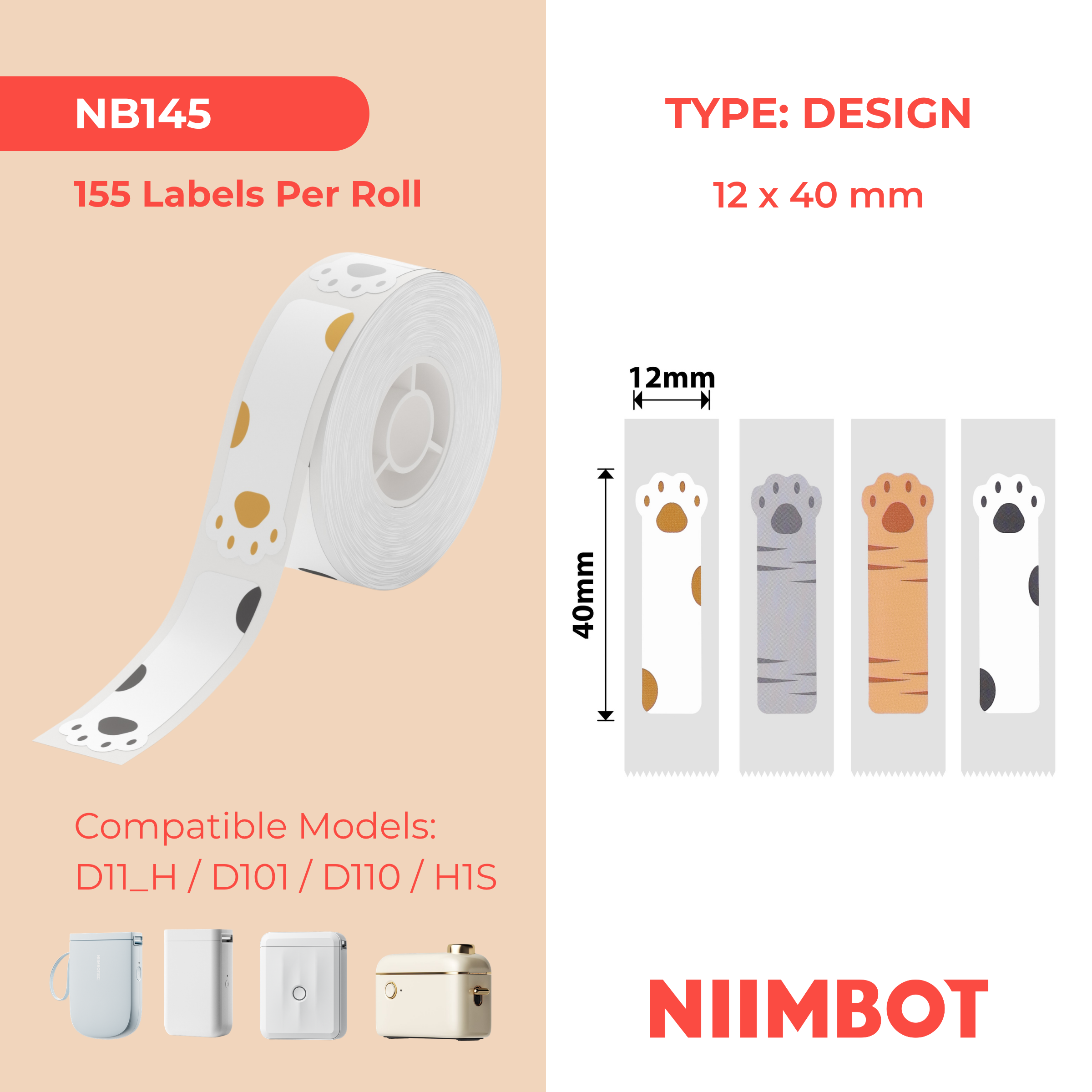 NIIMBOT - D Range - 12x40mm - Cat Claw - 155 Labels