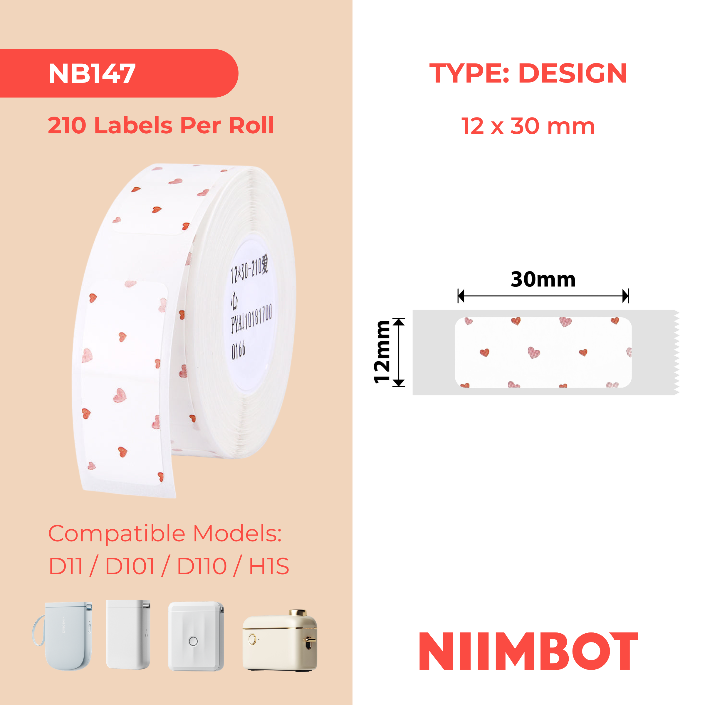 NB147 - NIIMBOT - D11 / D101 / D110 - 12*30MM - 210 TERMIESE ETIKETTE - LIEFDE-ONTWERP