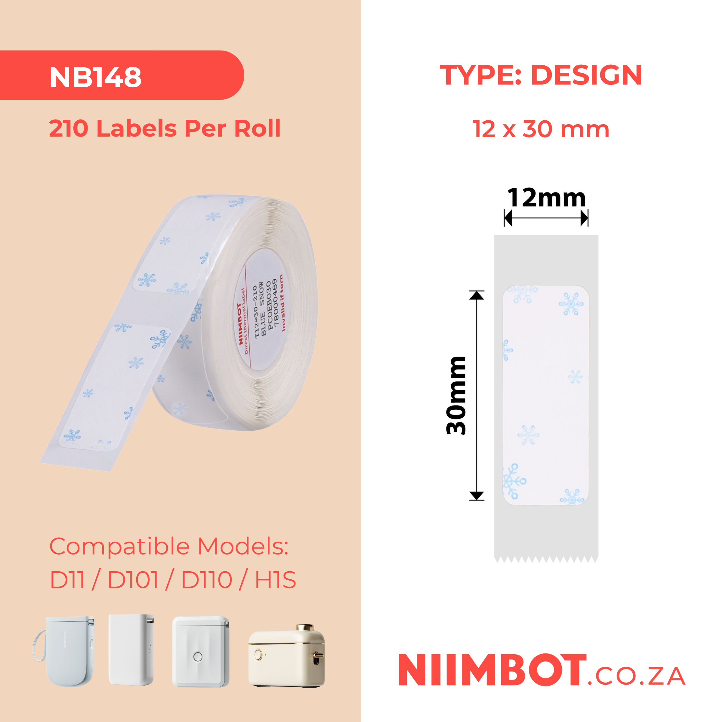 NB148 - NIIMBOT - D11 / D101 / D110 - 12*30MM - 210 TERMIESE ETIKETTE - BLOU SNEEU-ONTWERP