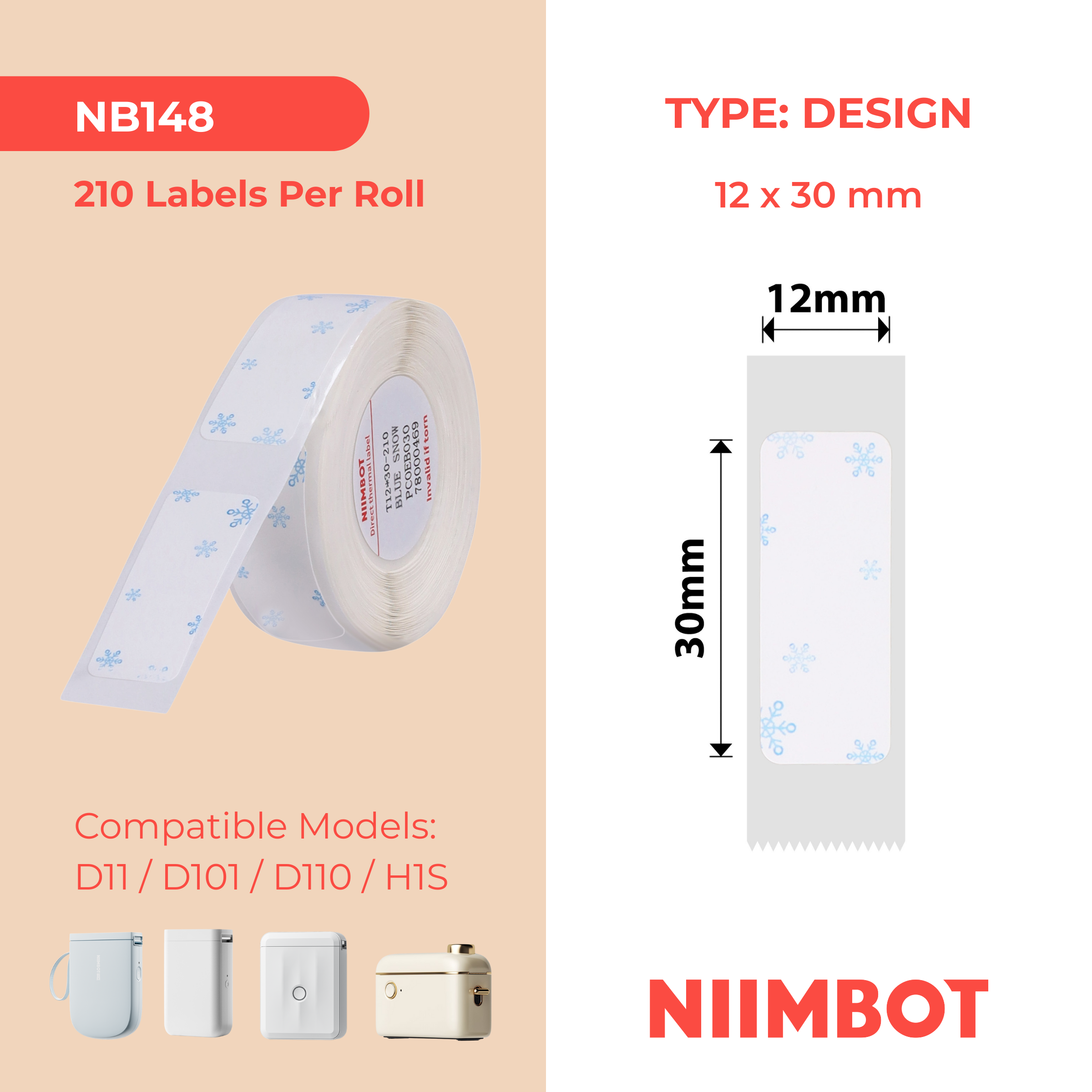 NB148 - NIIMBOT - D11 / D101 / D110 - 12*30MM - 210 TERMIESE ETIKETTE - BLOU SNEEU-ONTWERP