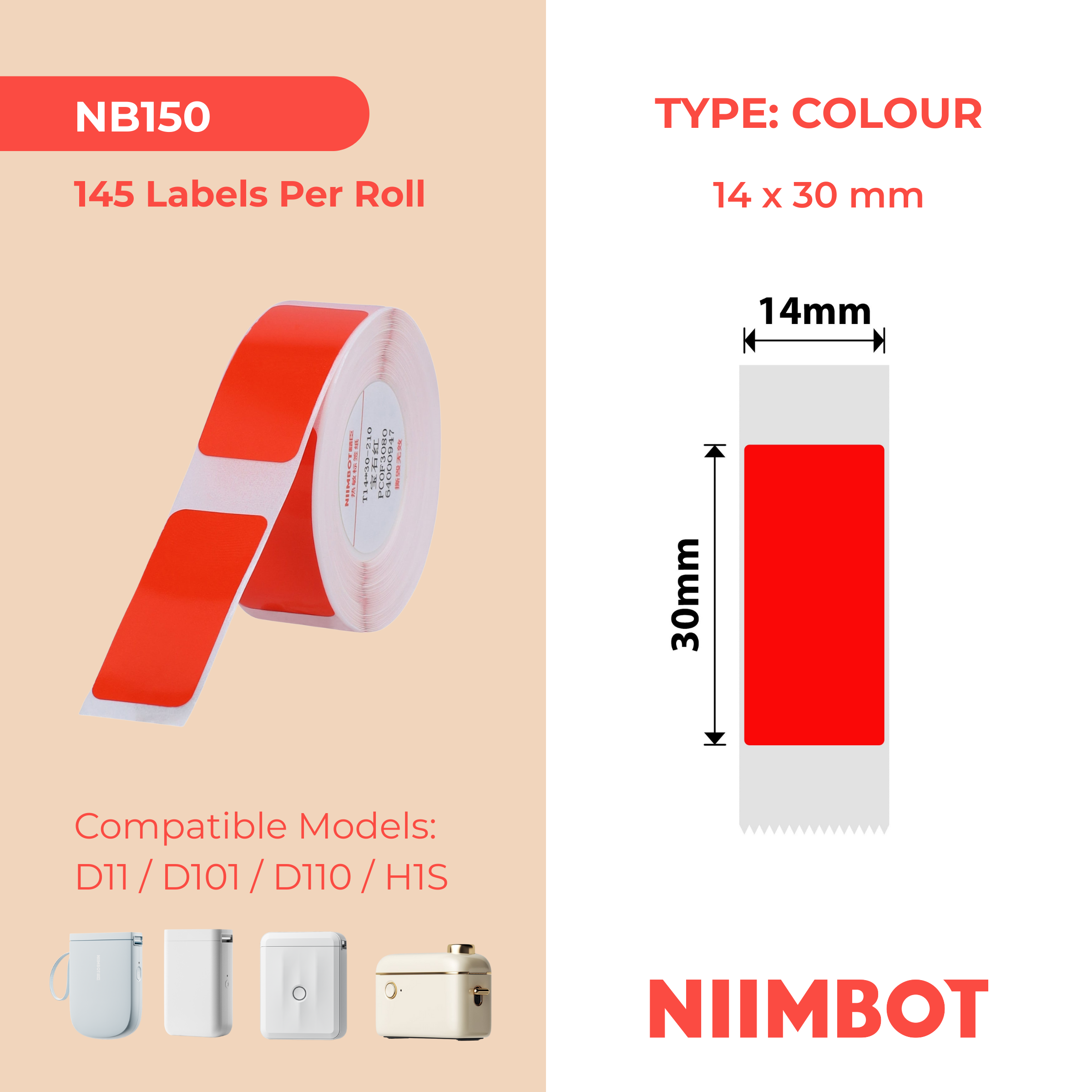 NB150 - NIIMBOT - D11 / D101 / D110 - 14*30MM - 210 ETIKETTE PER ROL - SOLIEDE ROBYNROOI ONTWERP