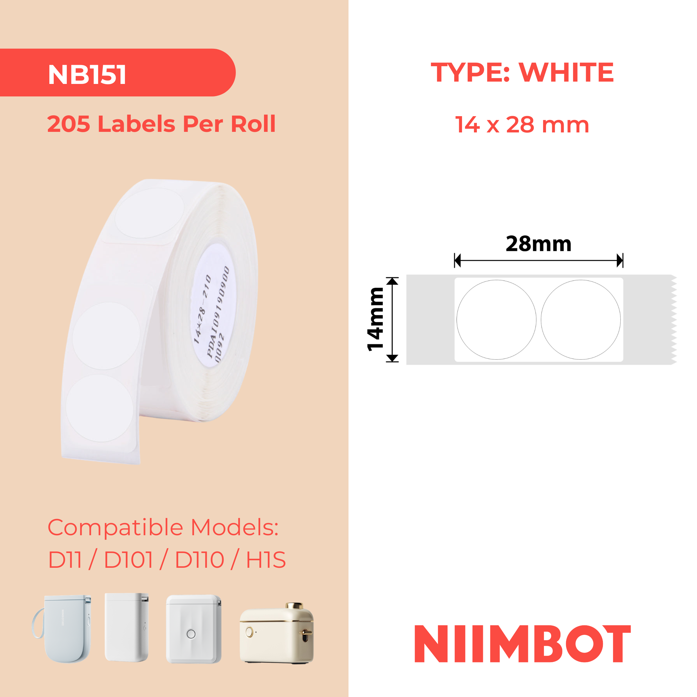 I-NB151 - NIIMBOT - D11 / D101 / D110 - 14*28MM - 220 AMALEBO NGOKUQONGA NGAWO - AMAWELE Umjikelezo - OMHLOPHE