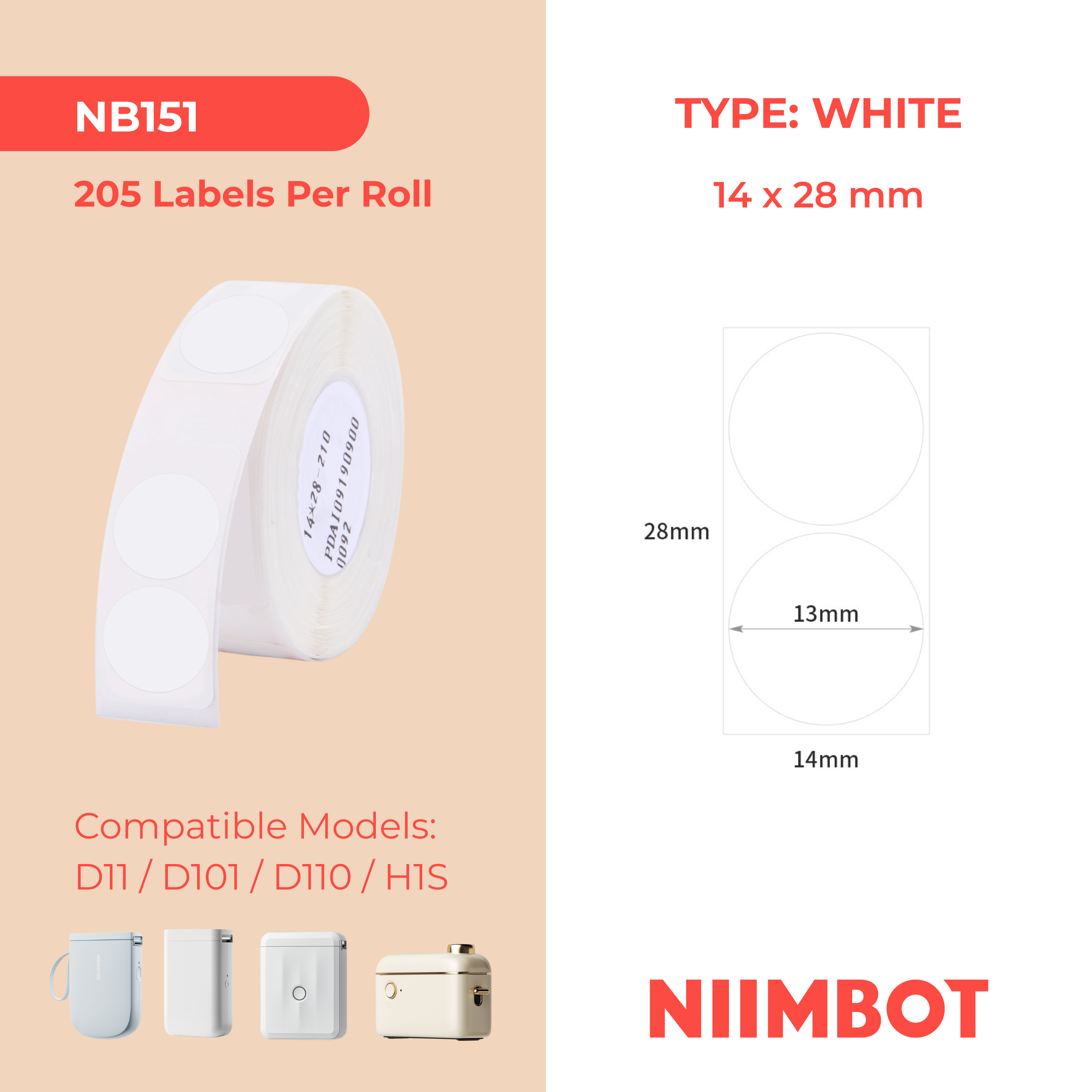 NB151 - NIIMBOT - D11 / D101 / D110 / H1S - 14X28MM - 205 LABELS PER ROLL - TWIN ROUND - WHITE