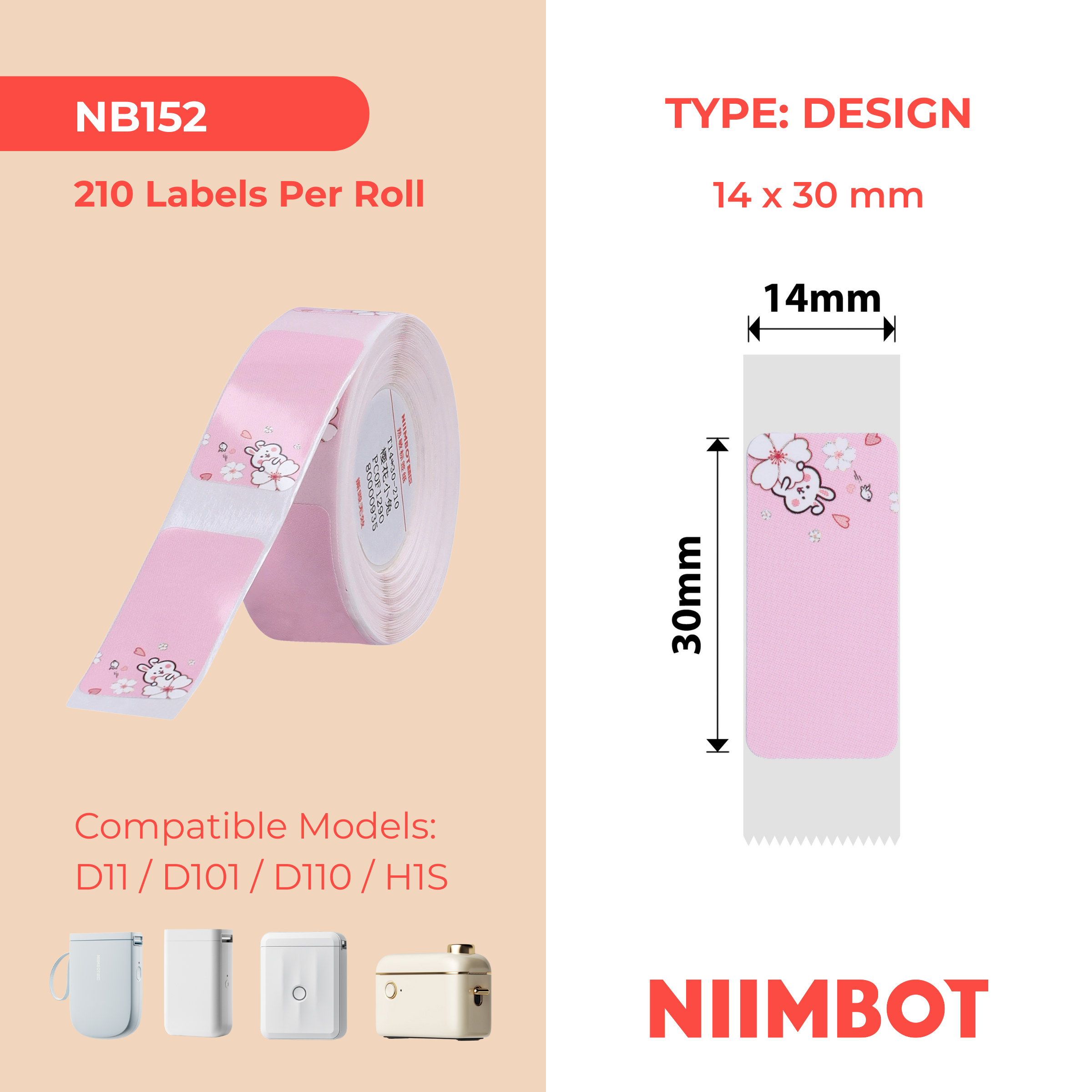 NB152 - NIIMBOT - D11 / D101 / D110 - RP14*30 - 210 ETIKETTE PER ROL - PIENK KONYNONTWERP