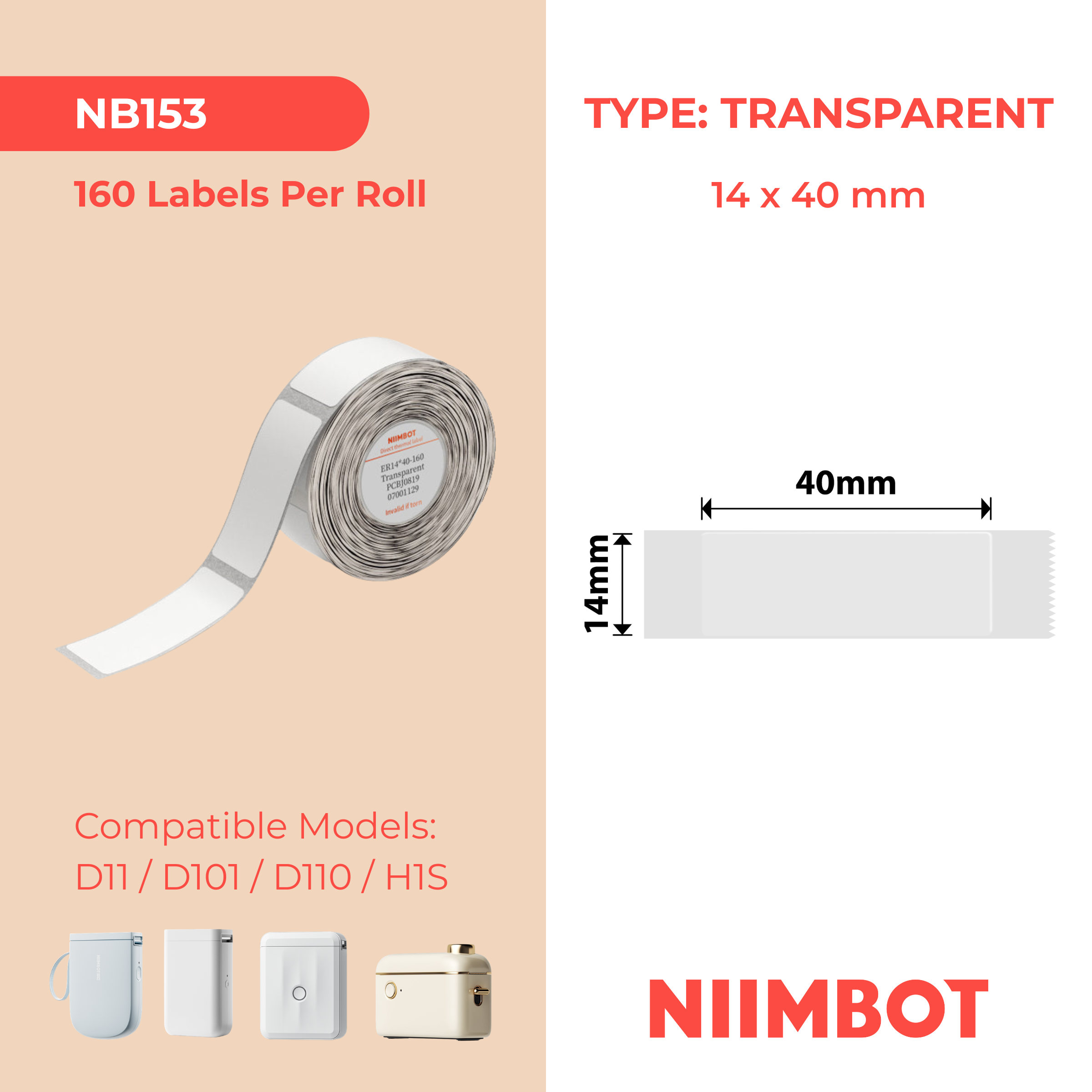 NB153 - NIIMBOT - D11 / D101 / D110 - 14X40MM - 160 ETIKETTE PER ROL - DEURSIGTIG