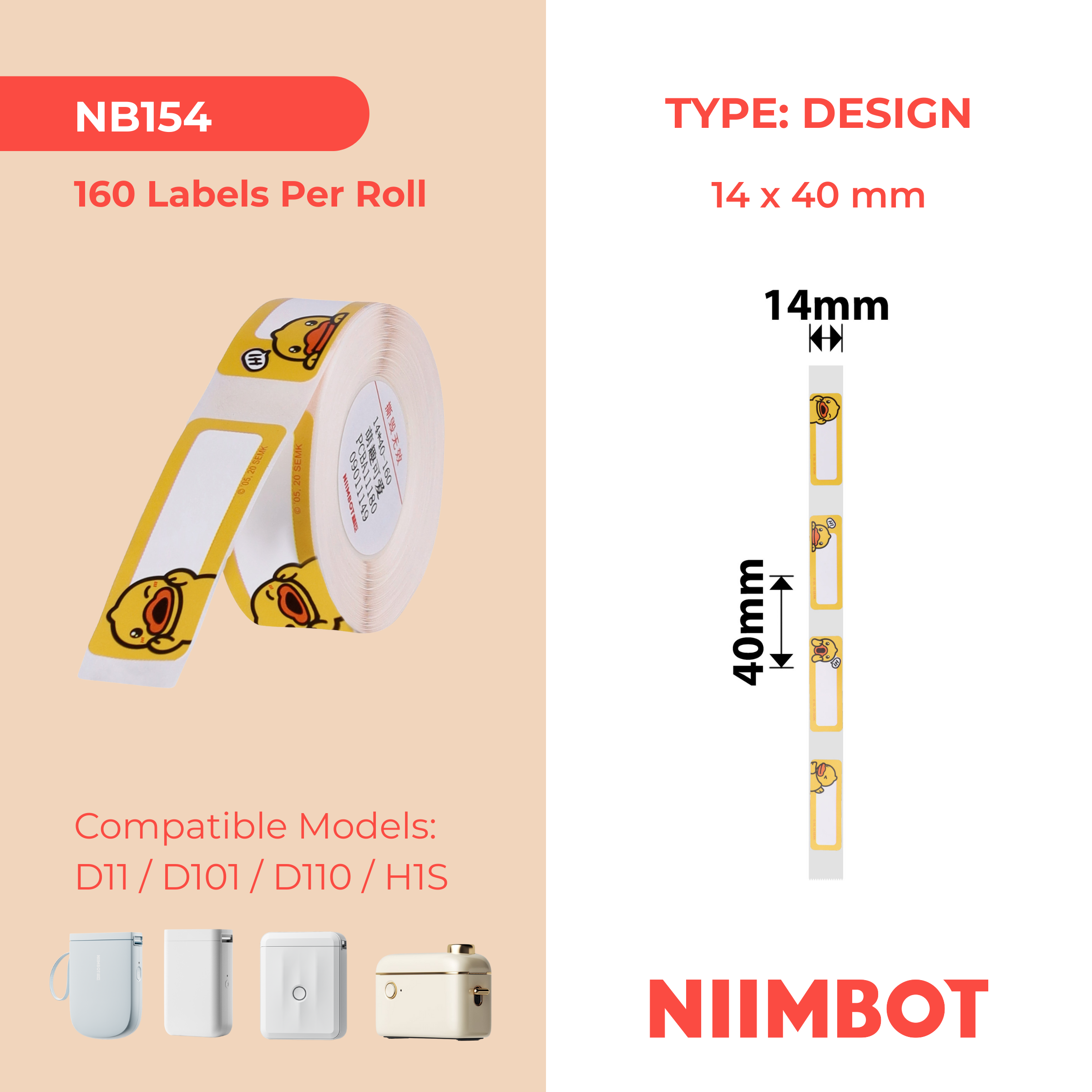 NB154 - NIIMBOT - D11 / D101 / D110 / H1S - R14X40MM - 160 LABELS PER ROLL - CUTE DUCK DESIGN