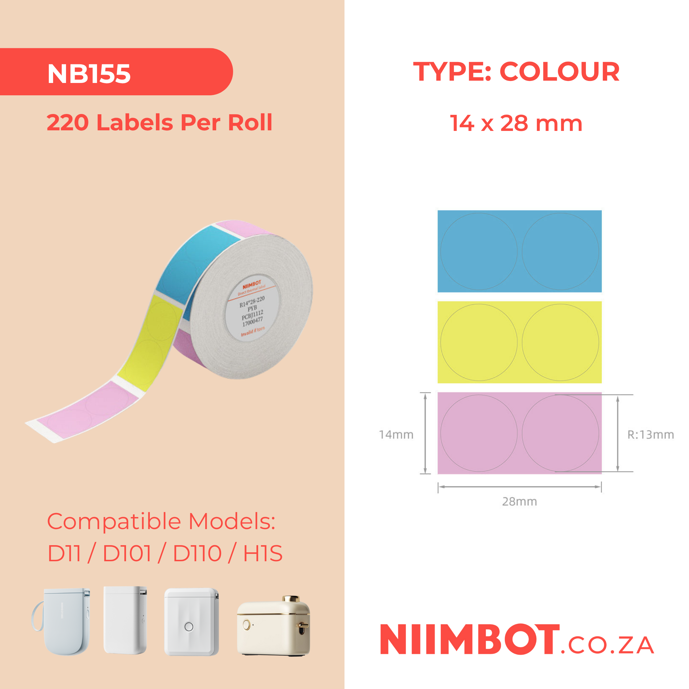 NB155 - NIIMBOT - D11 / D101 / D110 - 14*28MM - 220 LABELS PER ROLL - SOLD PYB (MULTI- COLOUR) DESIGN