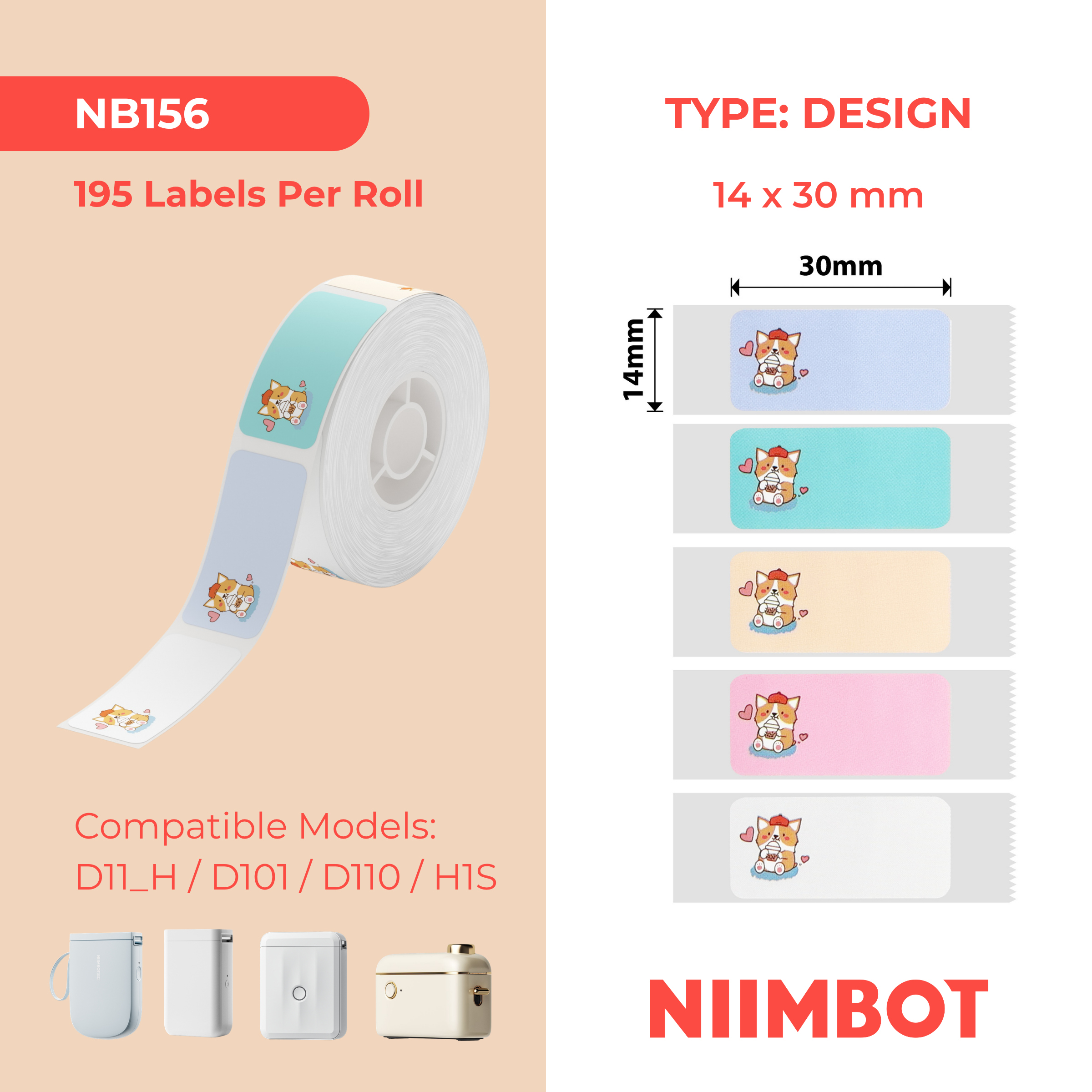 I-NB156 - NIIMBOT - D11 / D101 / D110 - R14*30 - 210 AMALEBO NGOKUQONGA NGAMUNYE - OKUHLE KWE-CORGI DESIGN