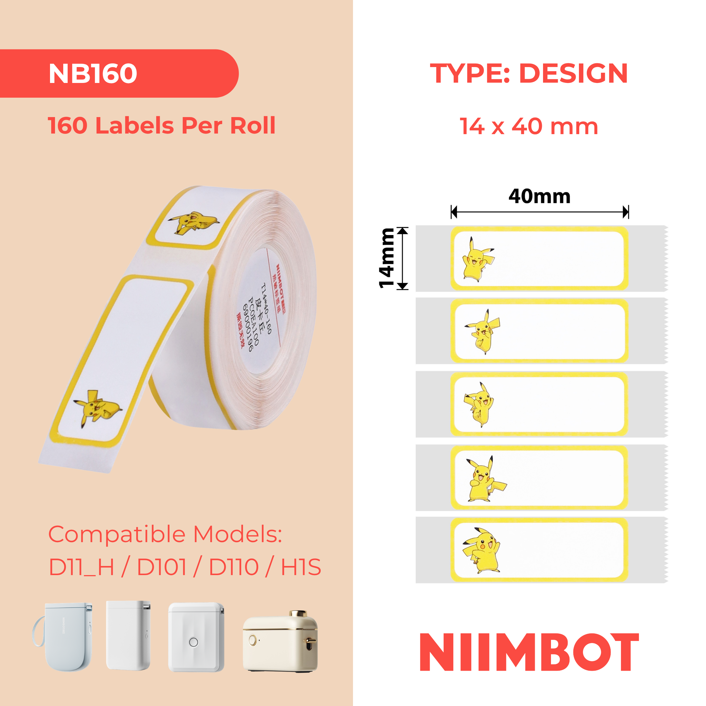 NIIMBOT - D Range - 14x40mm - Pikachu C - 160 Labels