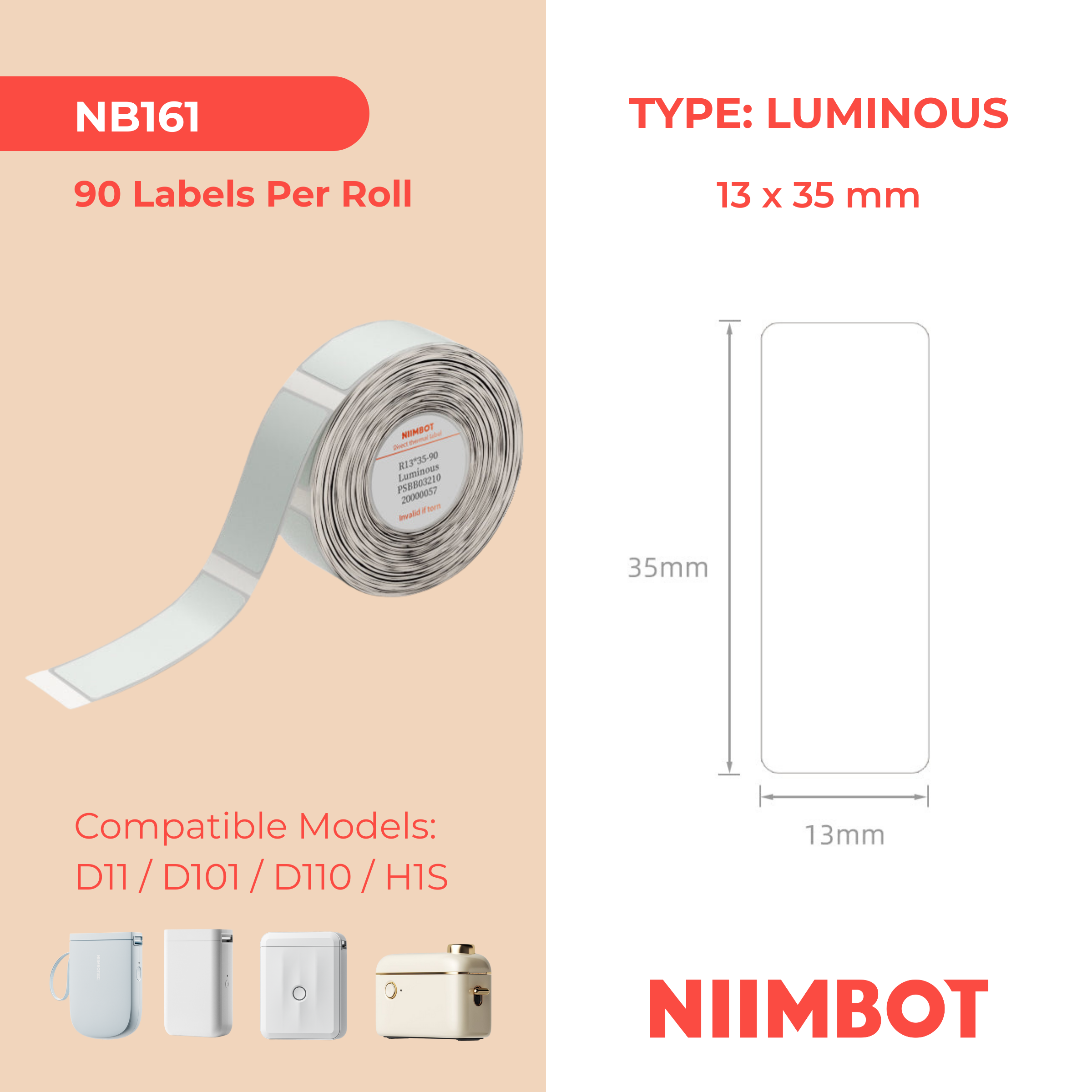 NB161 - NIIMBOT - D11 / D101 / D110 - 13*35MM - 90 TERMIESE ETIKETTE - LIGGENDE ONTWERP