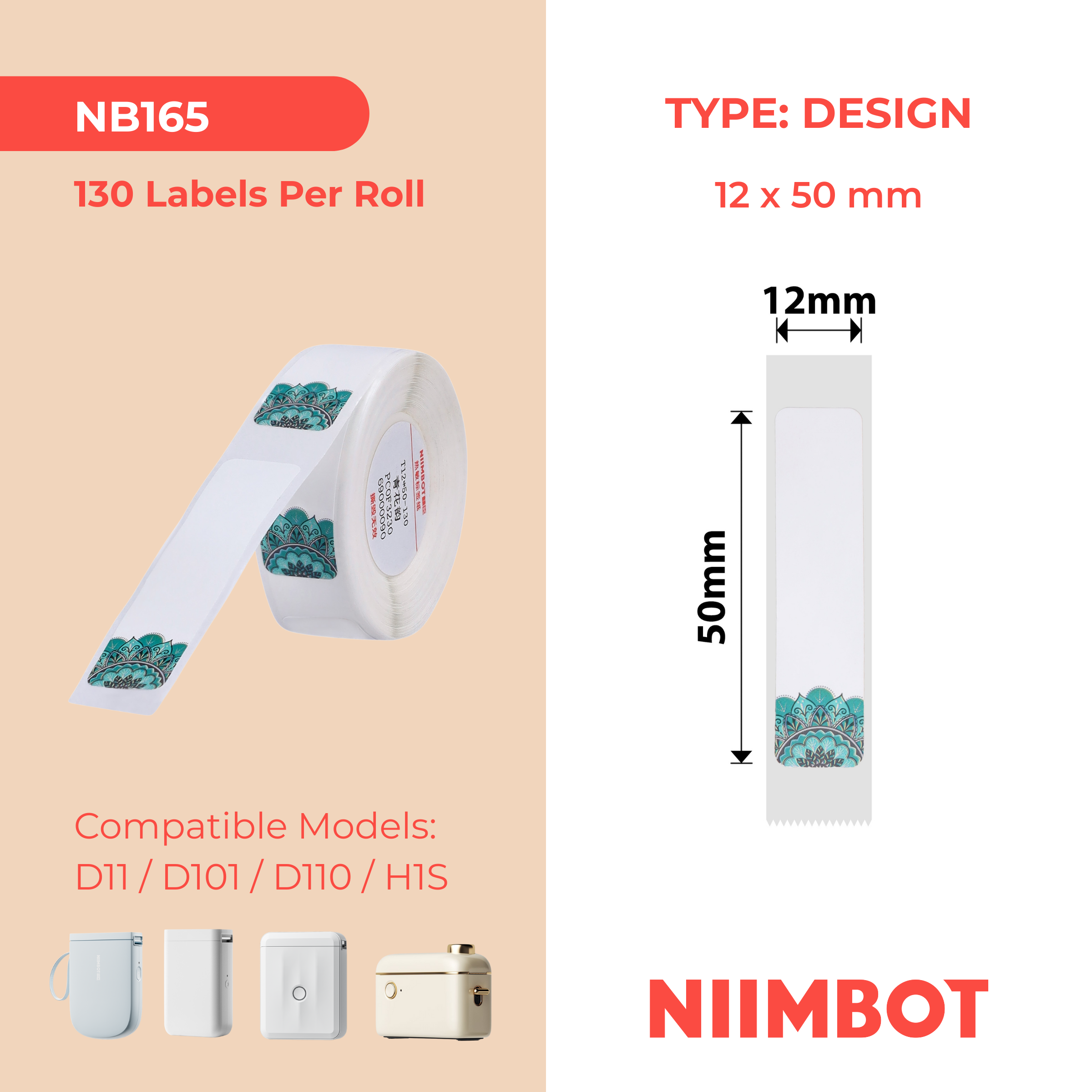 NB165 - NIIMBOT - D11 / D101 / D110 - 12*50MM - 130 TERMIESE ETIKETTE - PORSELEINONTWERP