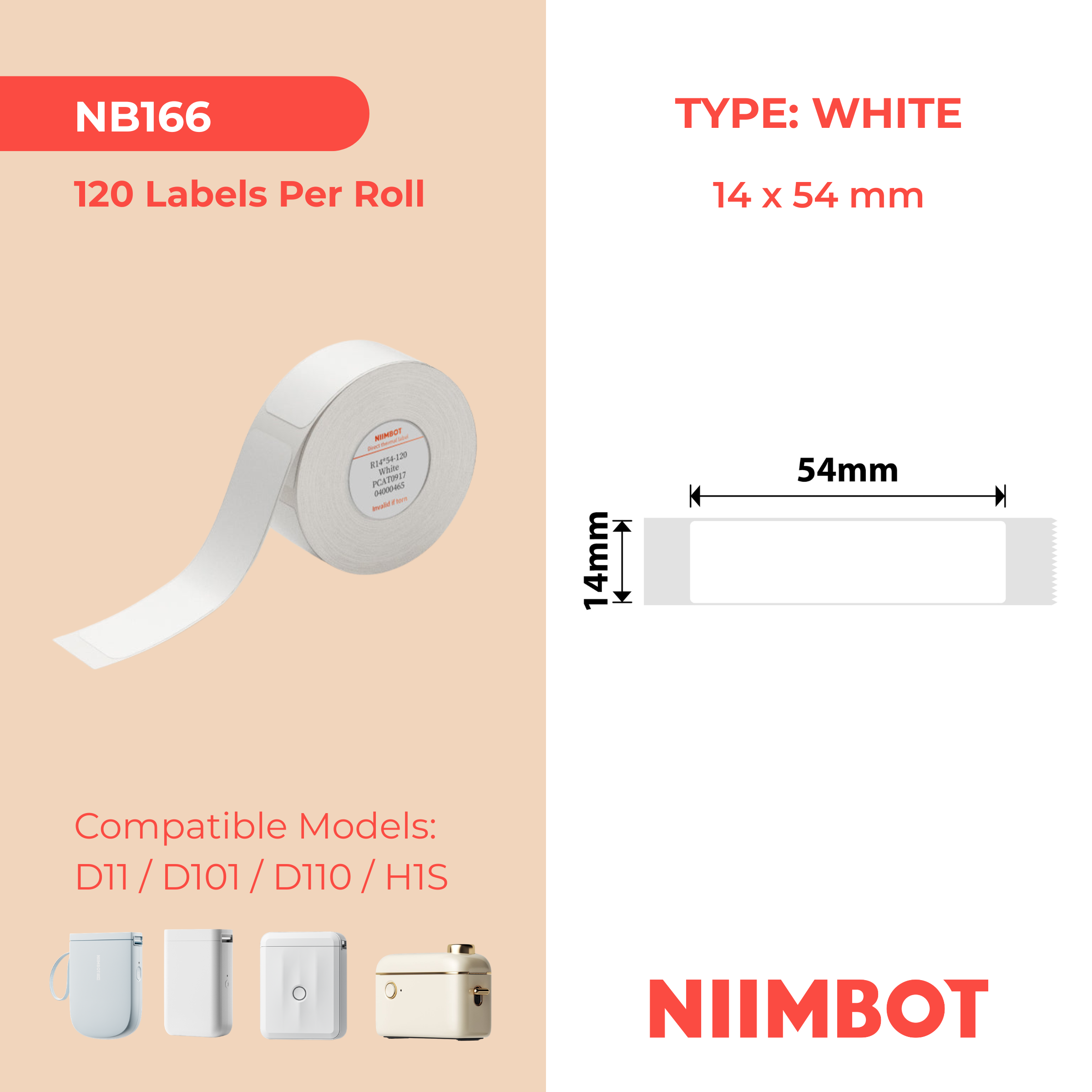 NB166 - Niimbot - D11 / D101 / D110 / H1S - 14x54mm - 120 White Labels