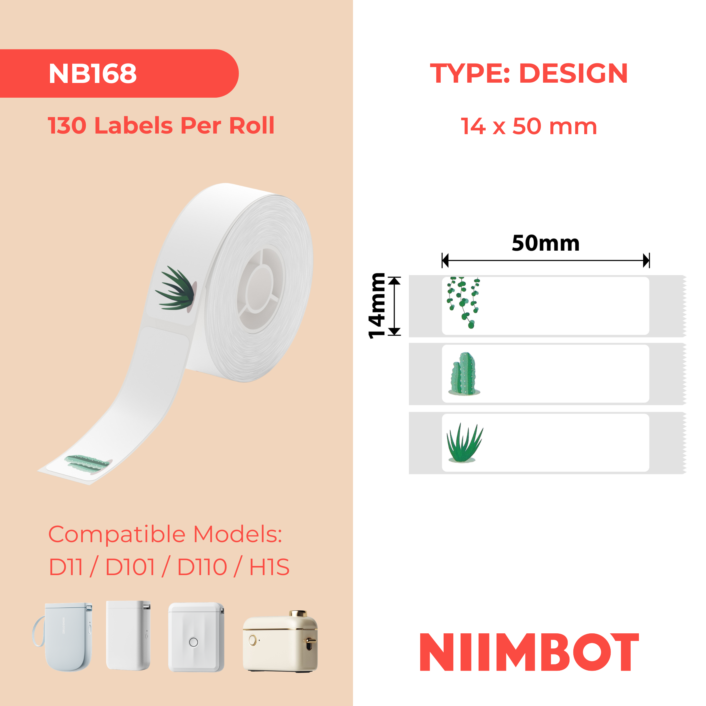 NB168 - NIIMBOT - D11 / D101 / D110 - 14*50MM - 130 ETIKETTE PER ROL - SUCCULENT B-ONTWERP