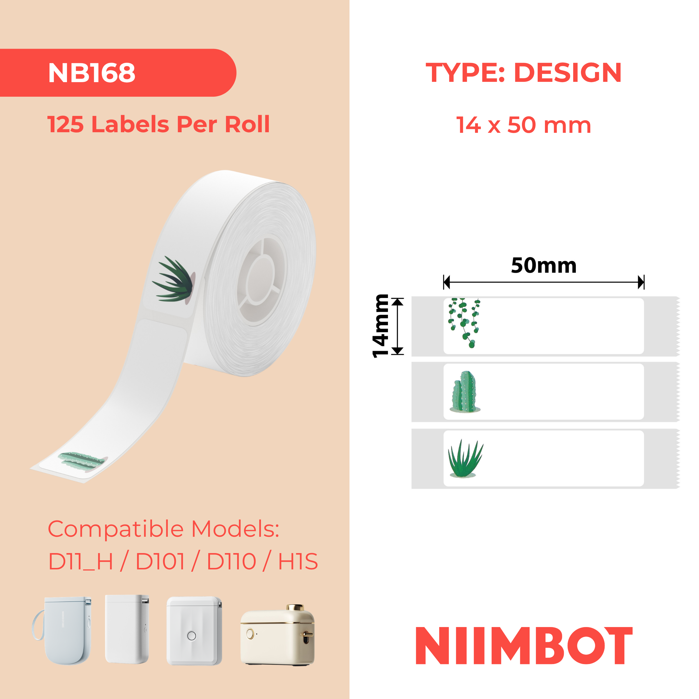 NB168 - NIIMBOT - D11 / D101 / D110 - 14*50MM - 130 IMIBHALO NGOKUQHUBEKA NGAMUNYE - SUCCULENT B DESIGN