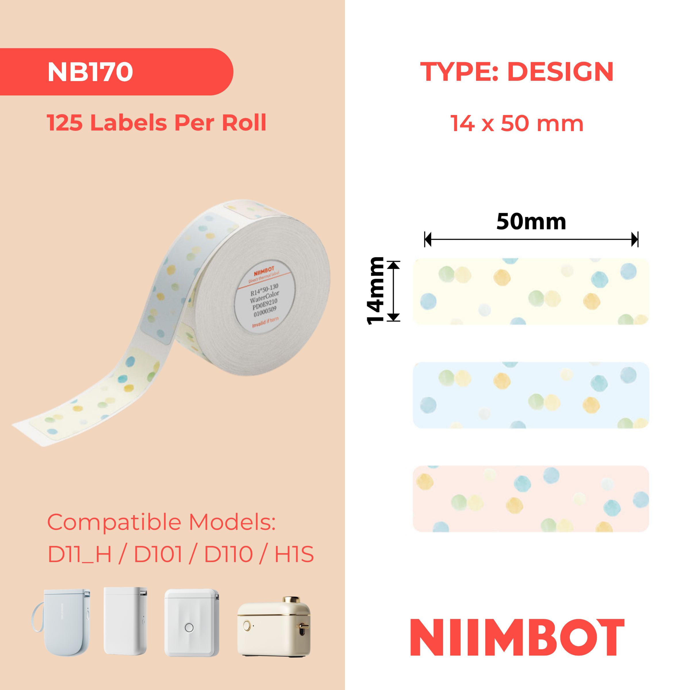 NIIMBOT - D Range - 14x50mm - Watercolour Recall - 125 Labels