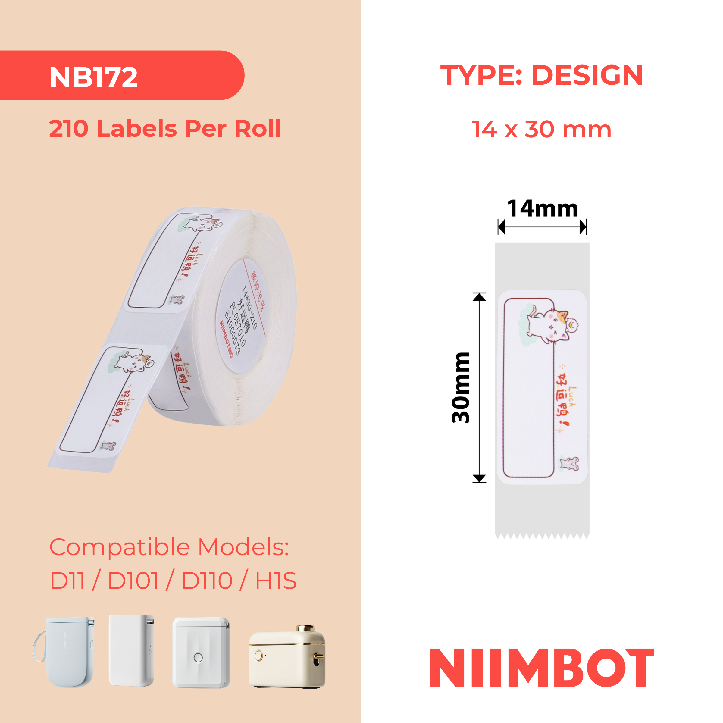 NB172 - NIIMBOT - D11 / D101 / D110 - R14*30 - 210 ETIKETTE PER ROL - GELUKKIGE EENDONTWERP