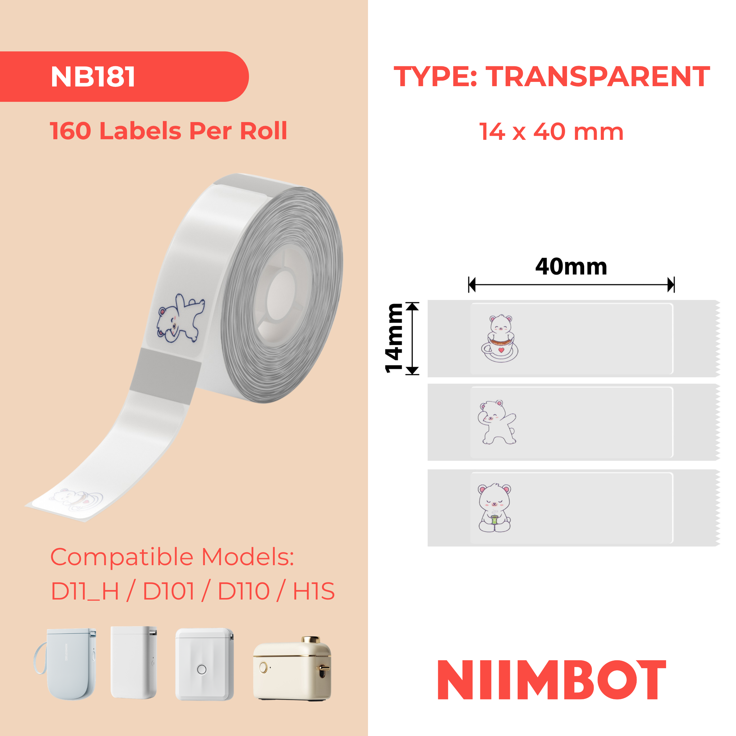 NIIMBOT - D Range - 14x40mm - Lazy Bear - 160 Labels