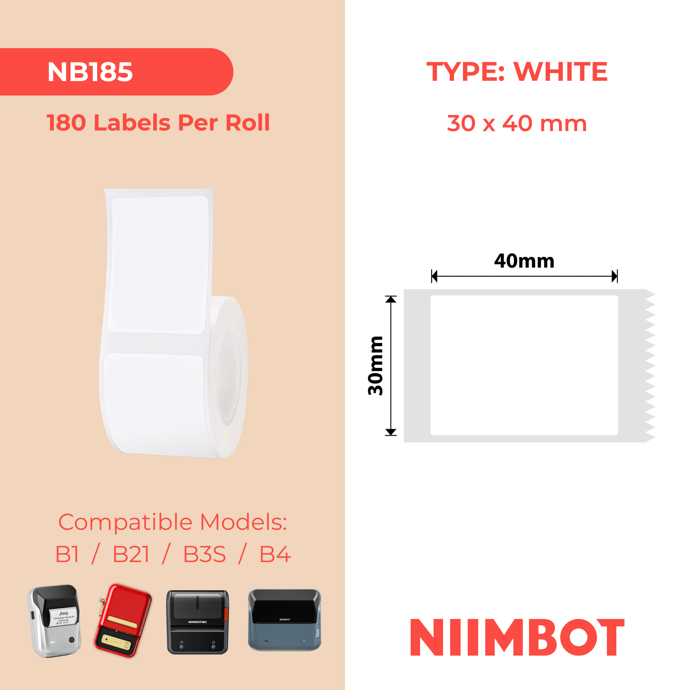 NIIMBOT - B Range - 30x40mm - White - 180 Labels