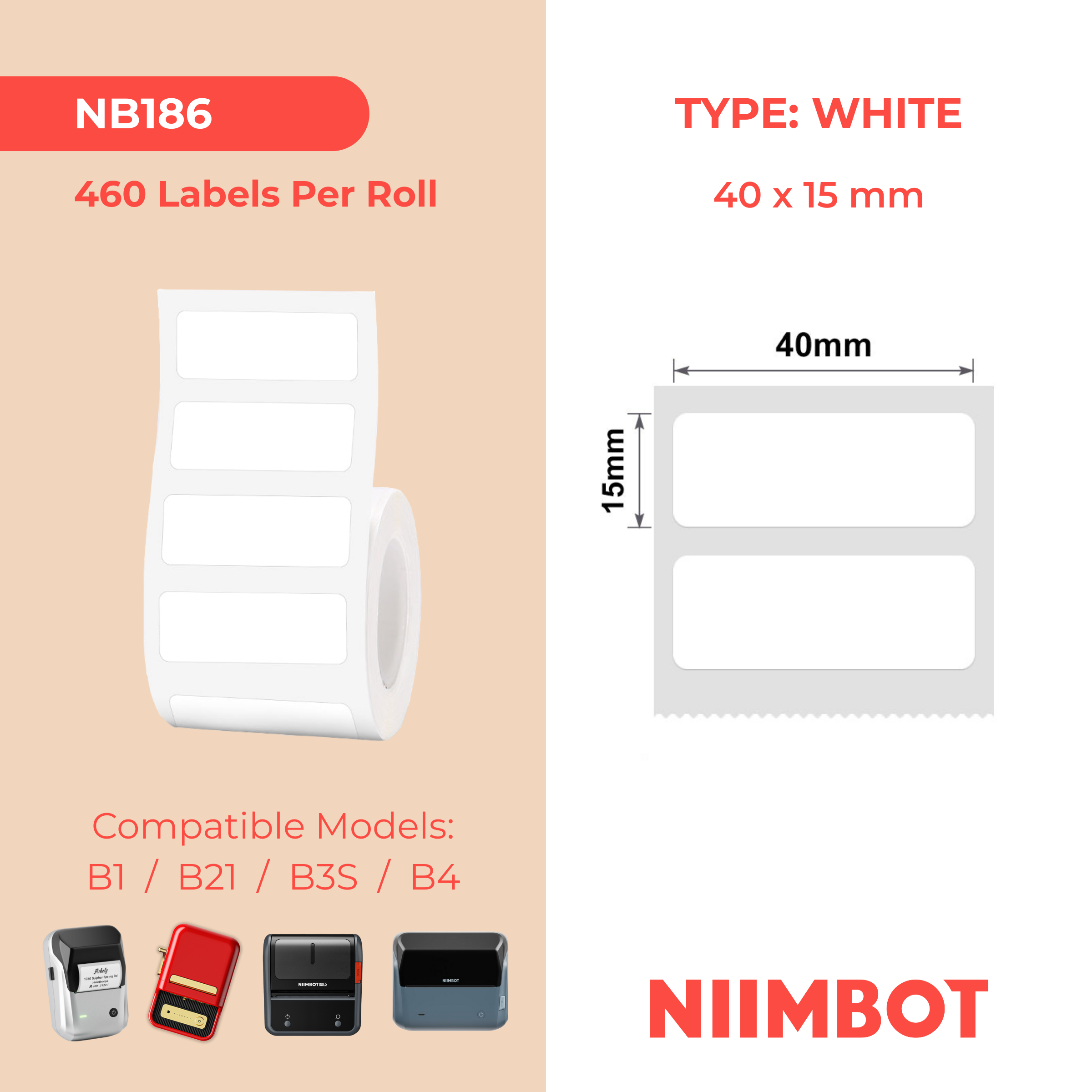 NB186 - Niimbot - B1 / B21 / B31 / B3S / B4 - 40x15mm/2R - 460 White Labels