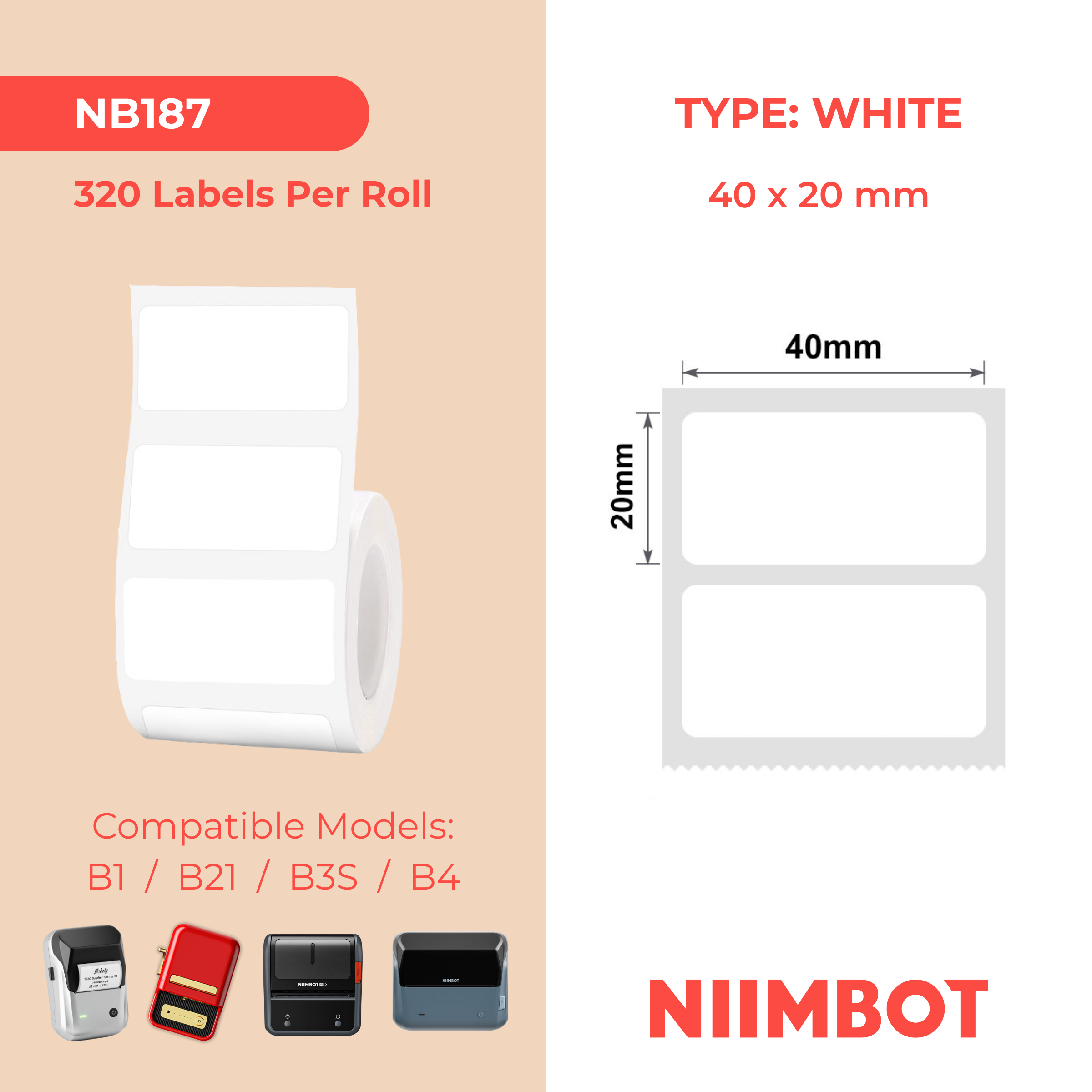 NB187 - NIIMBOT - B1 / B21 / B3S - 40*20MM - 320 AMALEBO NGOKUQONGA NGAWO - OKUMHLOPHE