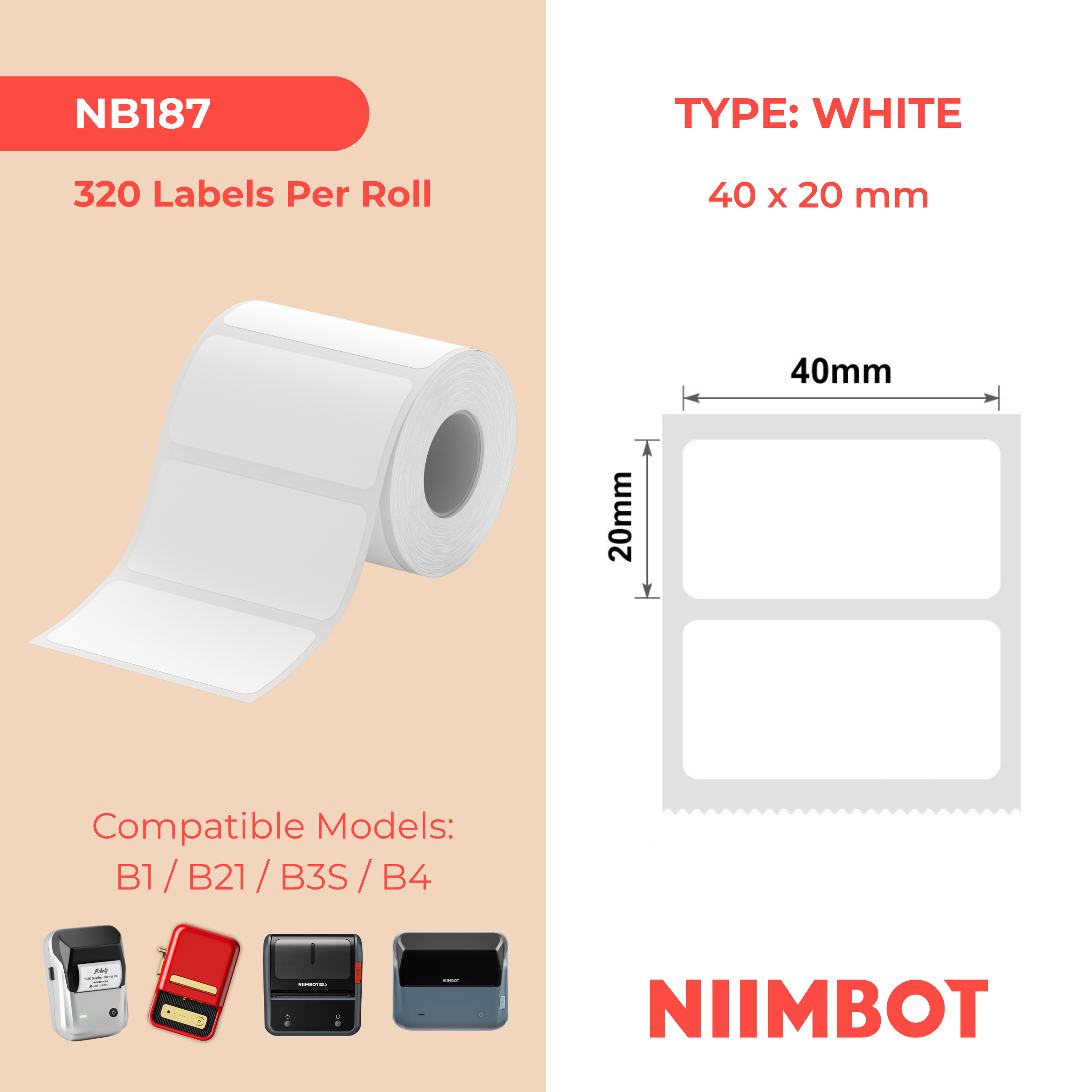 NIIMBOT - B Range - 40x20mm - White - 320 Labels