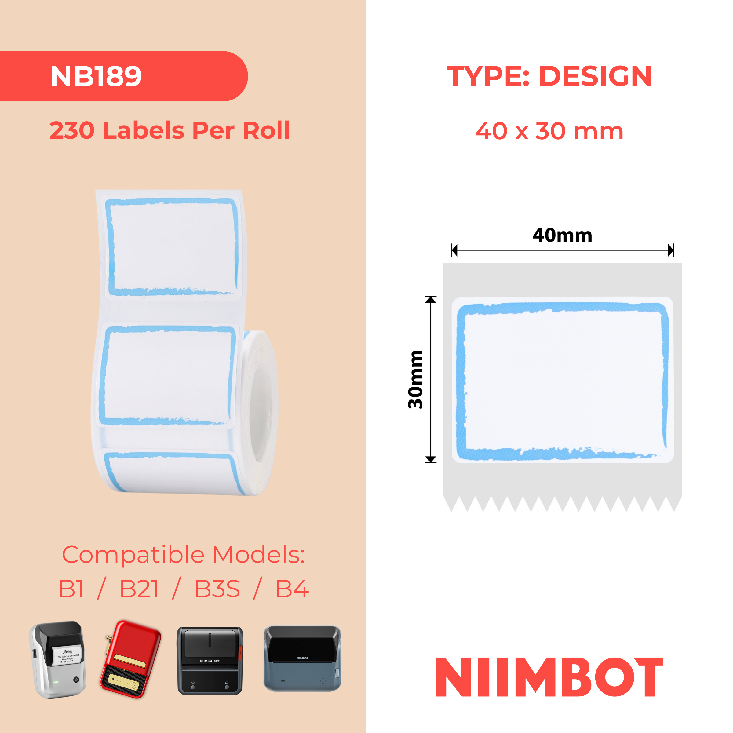 NB189 - NIIMBOT - B1 / B21 / B3S - T40*30MM - 230 ETIKETTE PER ROL - BLOU RANDONTWERP