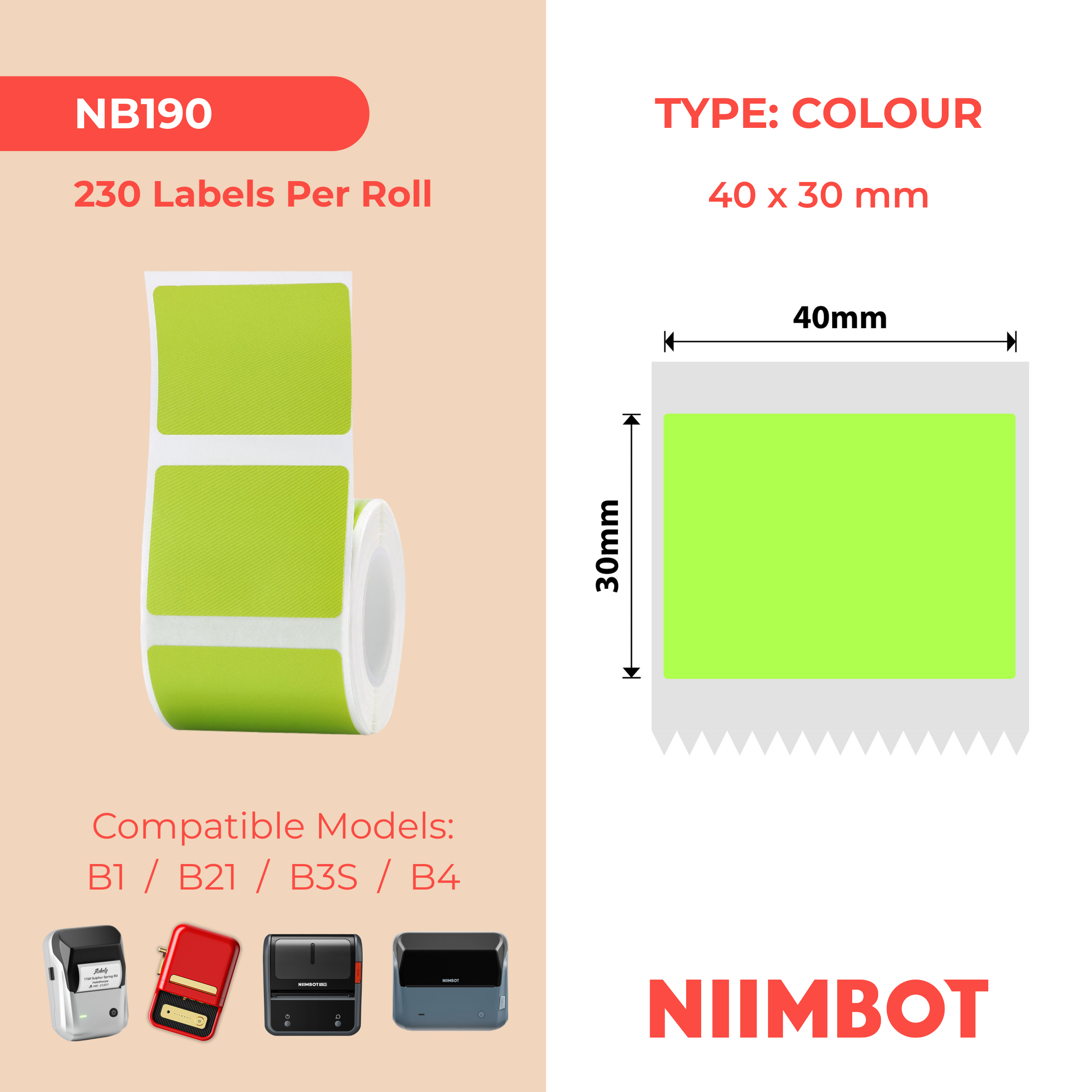 NB190 - NIIMBOT - B1 / B21 / B3S - 30*40MM - 230 ETIKETTE PER ROL - SOLDIE - GROEN