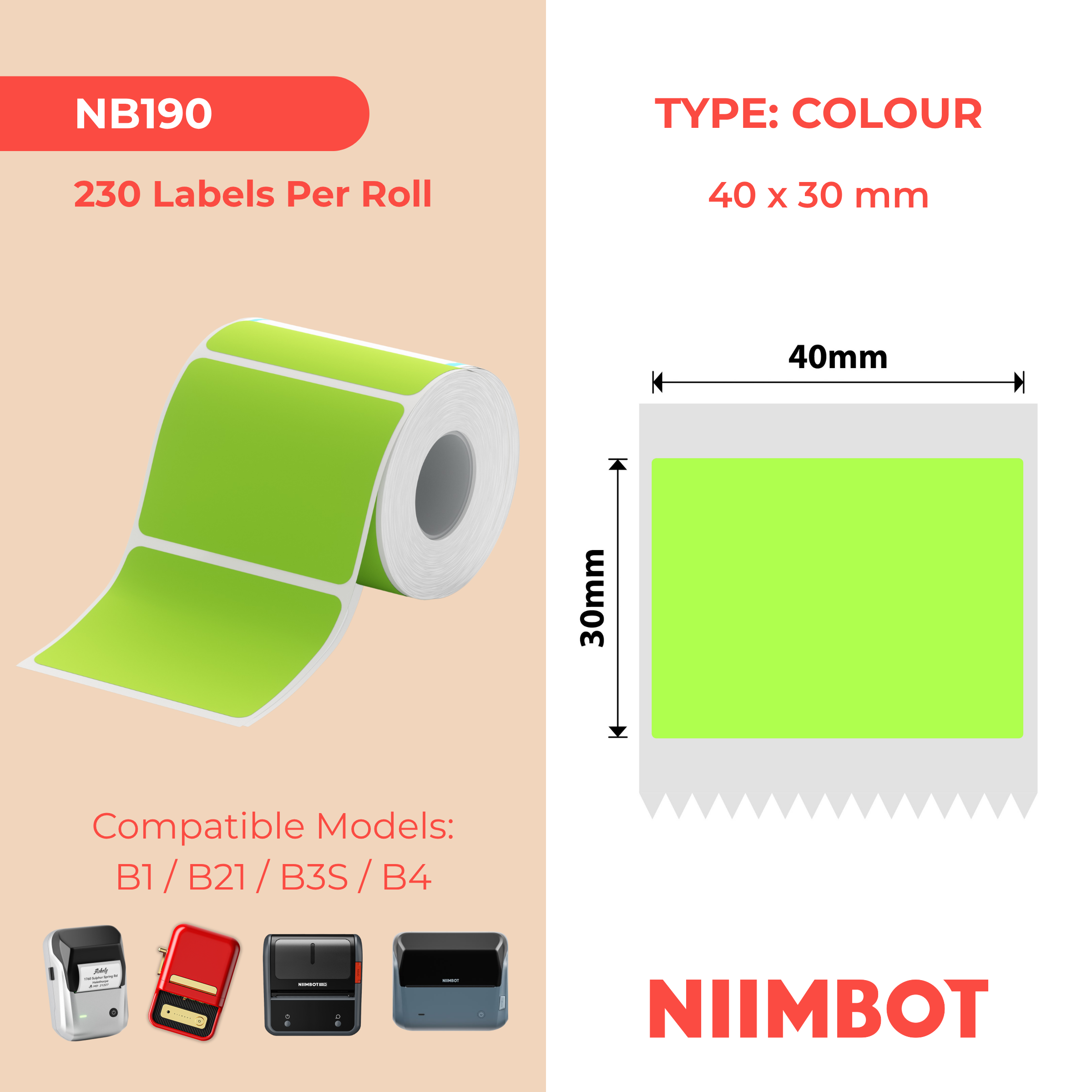 NIIMBOT - B Range - 40x30mm - Green - 230 Labels