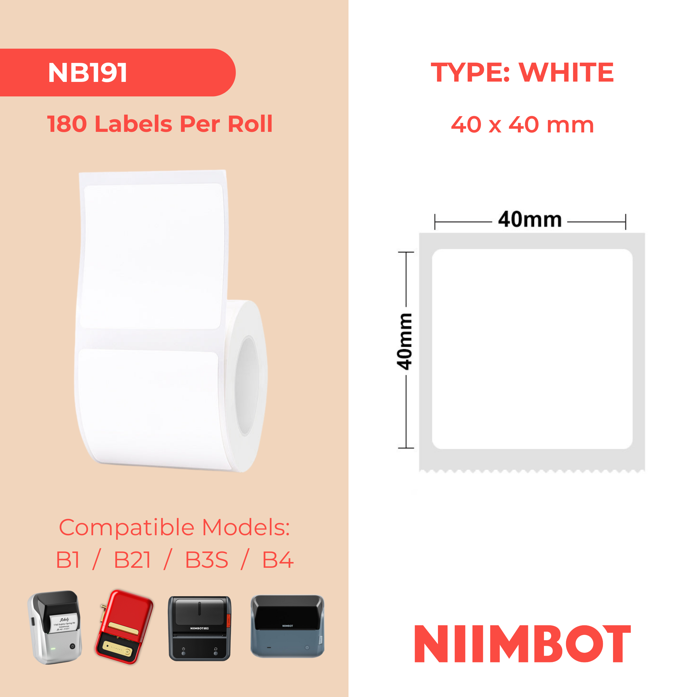 NB191 - NIIMBOT - B1 / B21 / B3S / B4 - 40X40MM - 180 LABELS PER ROLL - WHITE