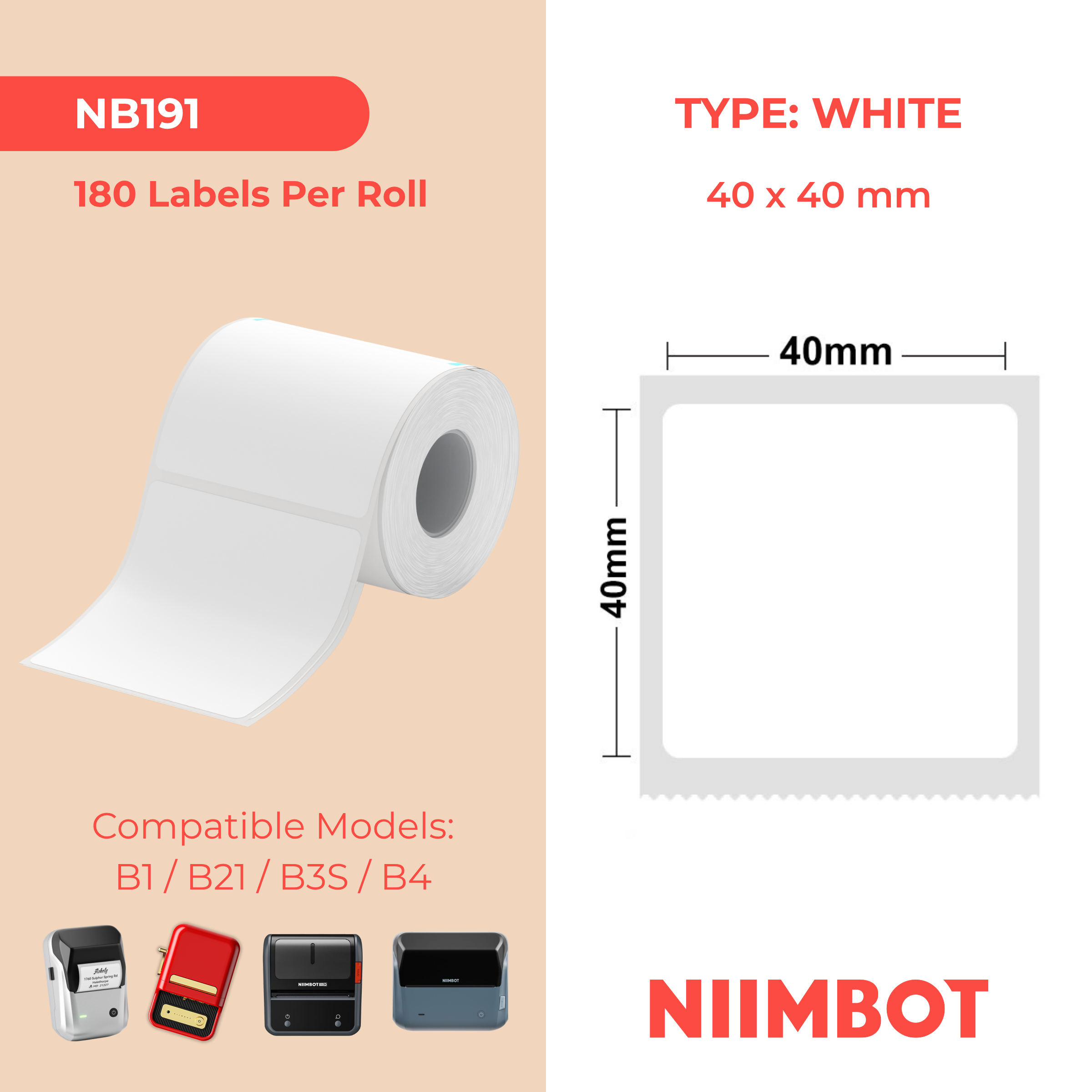 NB191 - NIIMBOT - B1 / B21 / B3S - 40*40MM - 180 ETIKETTE PER ROL - WIT