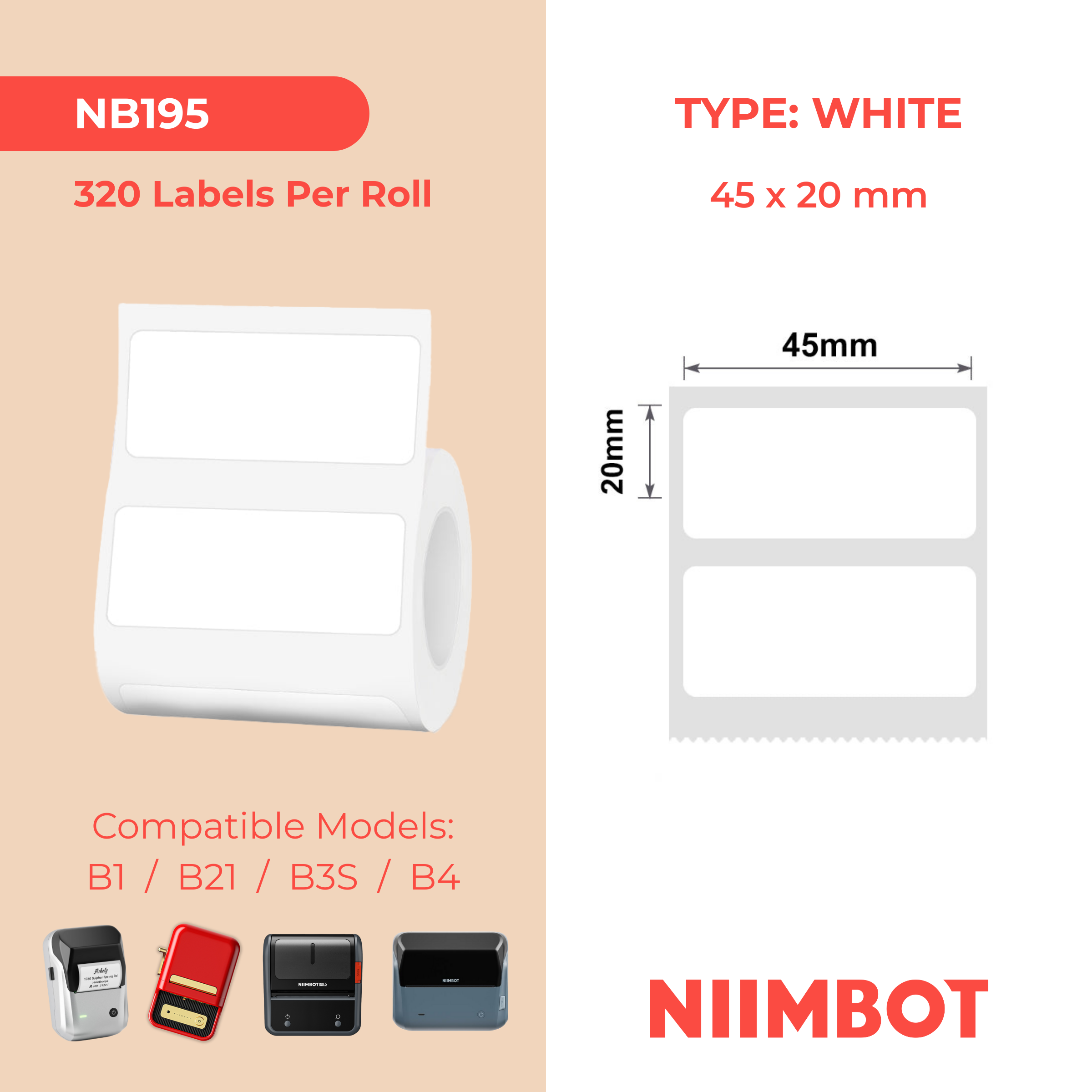 NB195 - Niimbot - B1 / B21 / B31 / B3S / B4 - 45x20mm - 320 White Labels