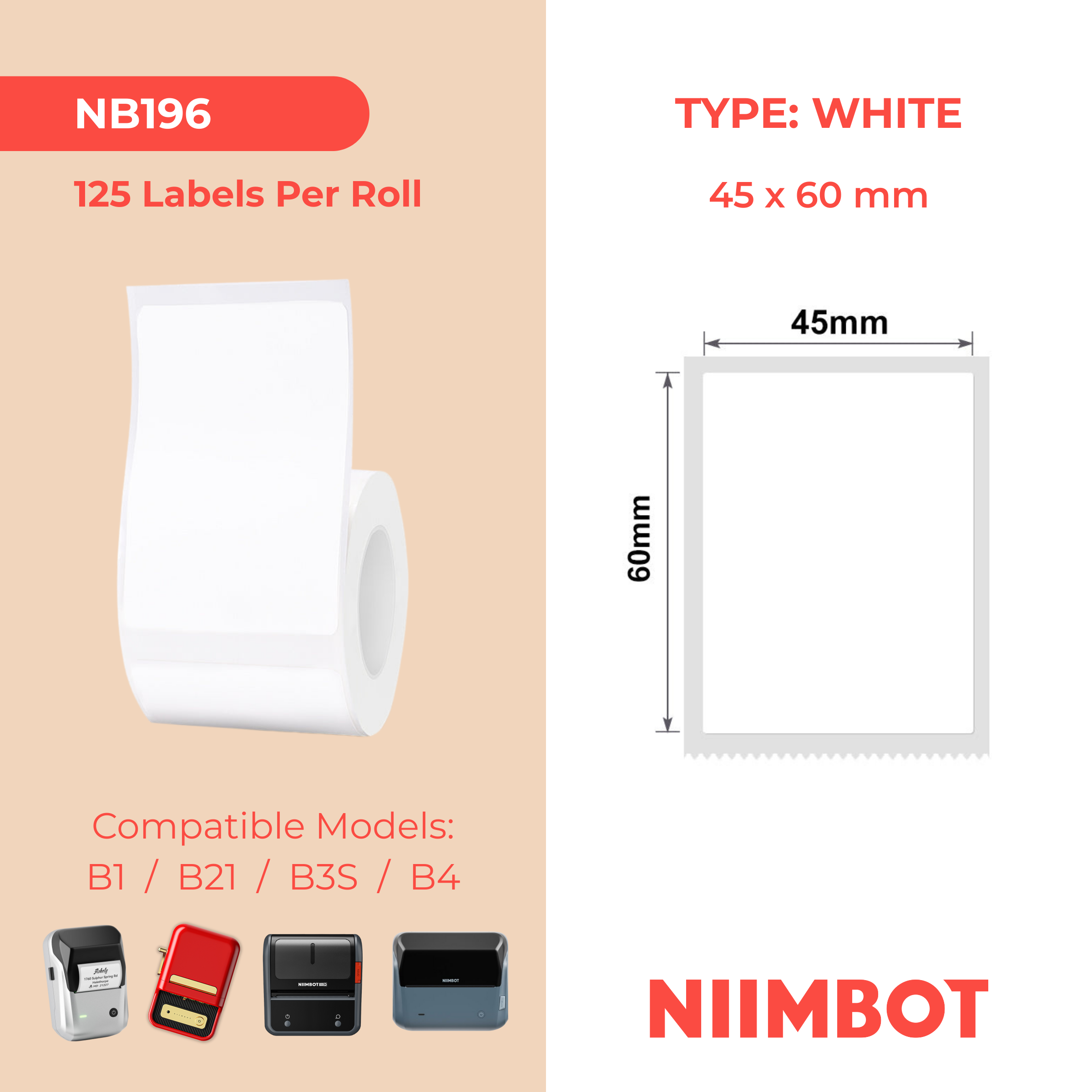 NB196 - NIIMBOT - B1 / B21 / B3S - 45*60MM - 125 ETIKETTE PER ROL - WIT