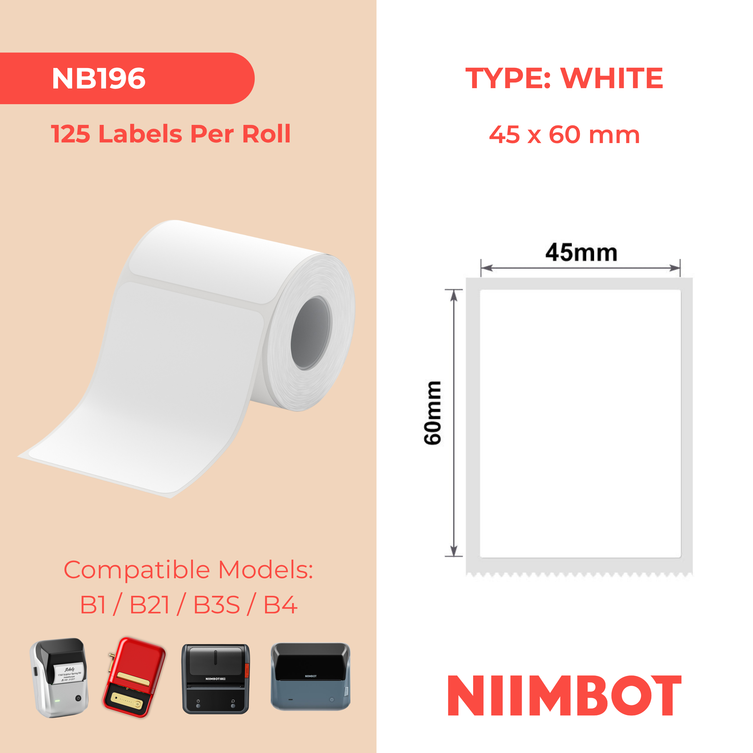NIIMBOT - B Range - 45x60mm - White - 125 Labels
