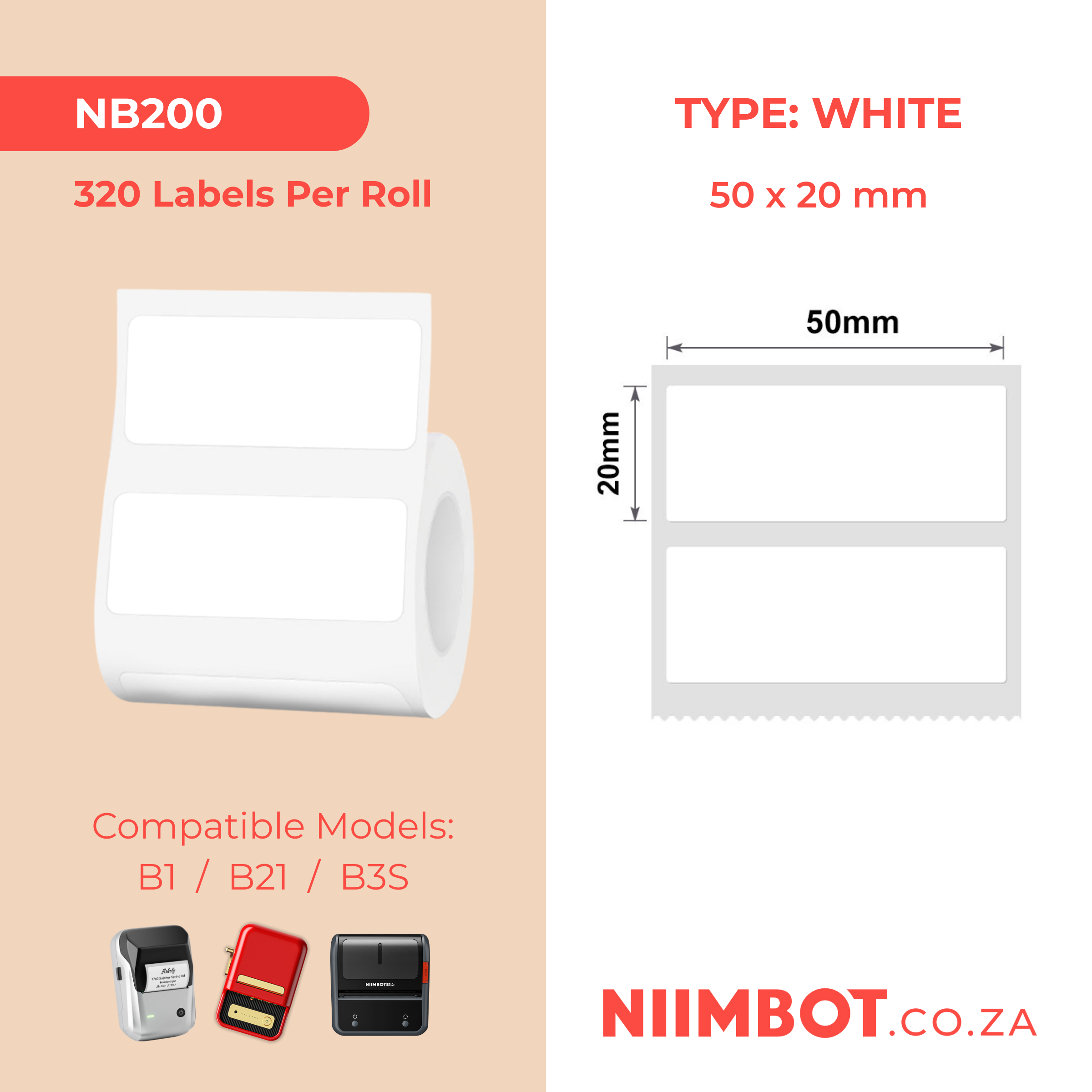 NB200 - NIIMBOT - B1 / B21 / B3S - T50*20MM - 320 LABELS PER ROLL - WHITE