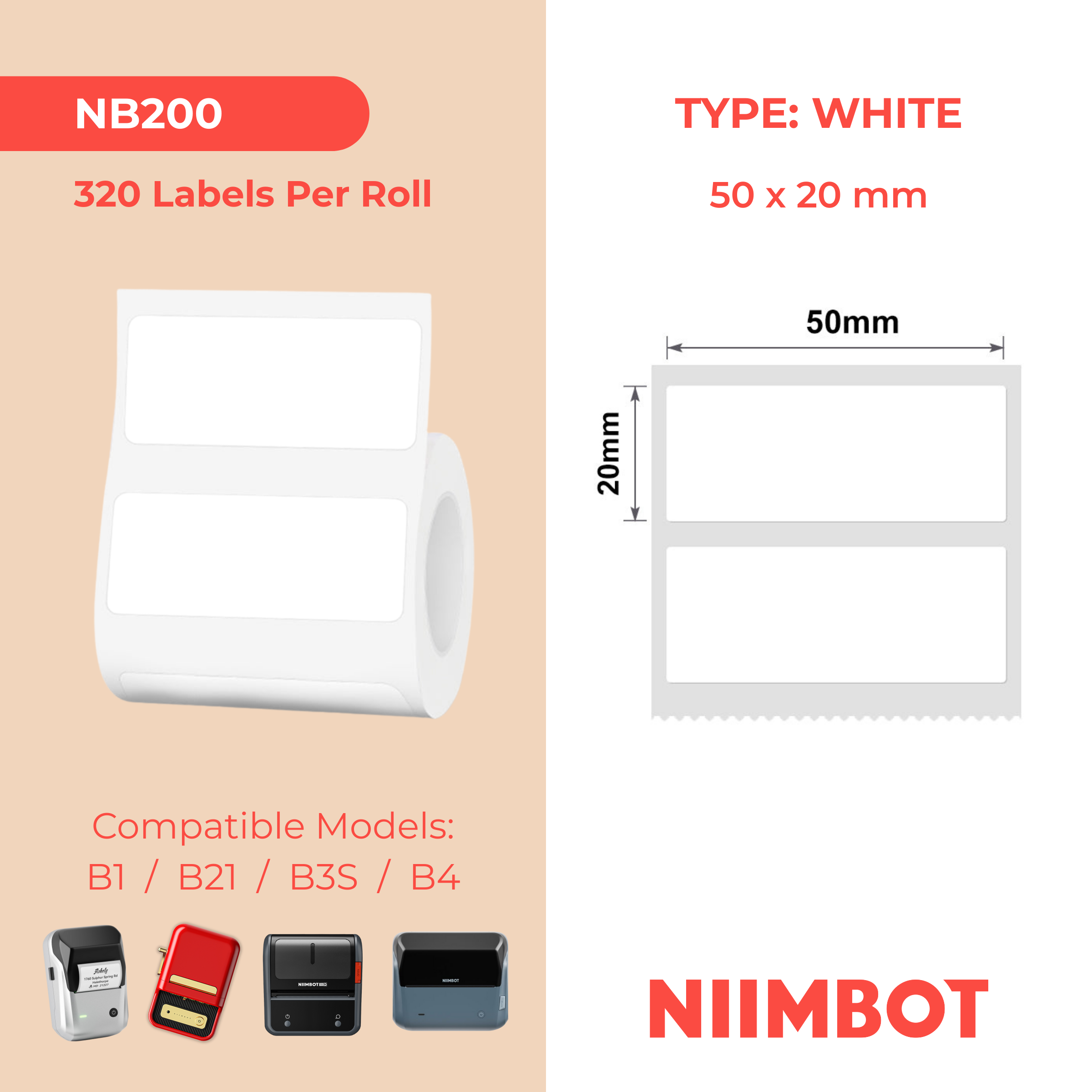 NB200 - Niimbot - B1 / B21 / B31 / B3S / B4 - 50x20mm - 320 White Labels