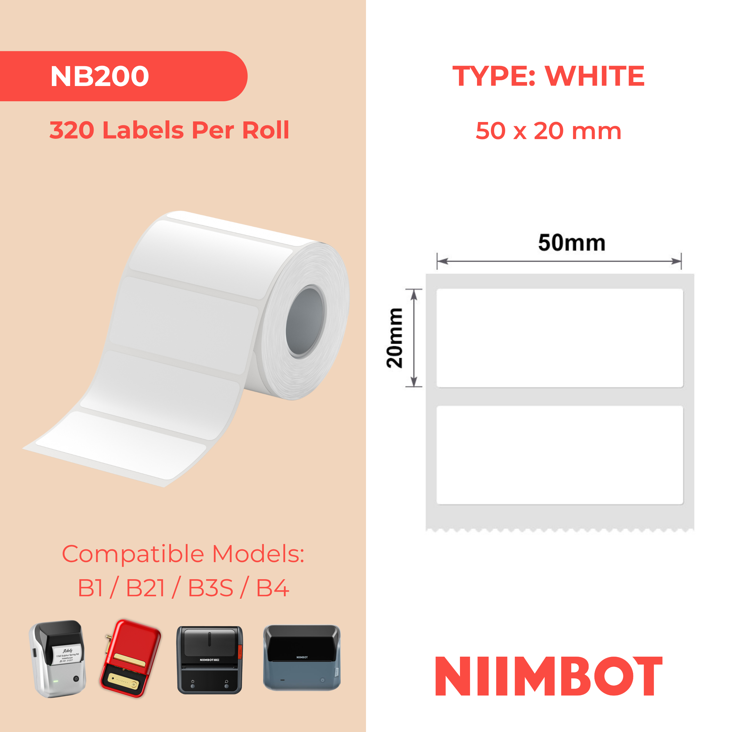 NIIMBOT - B Range - 50x20mm - White - 320 Labels