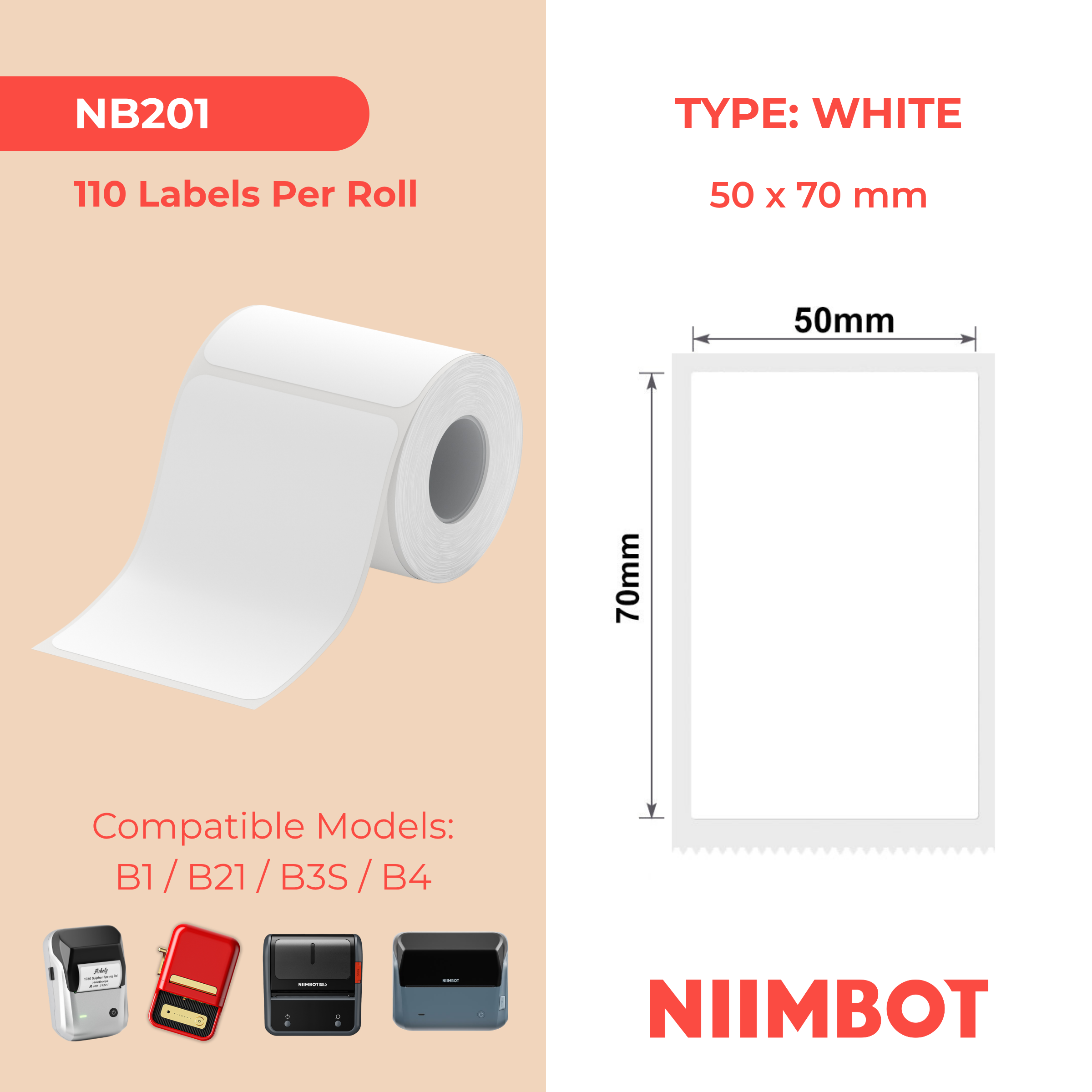 NIIMBOT - B Range - 50x70mm - White - 110 Labels