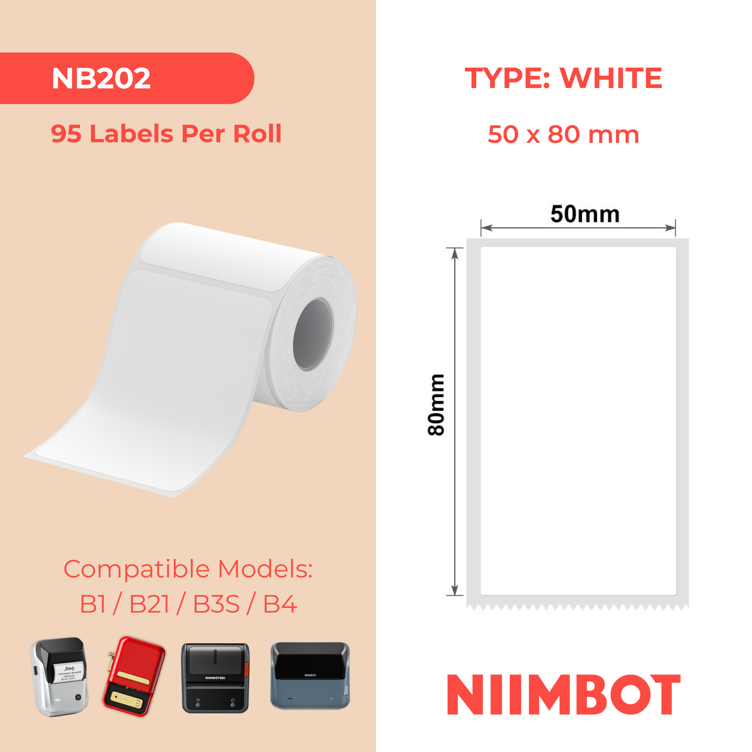 NIIMBOT - B Range - 50x80mm - White - 95 Labels