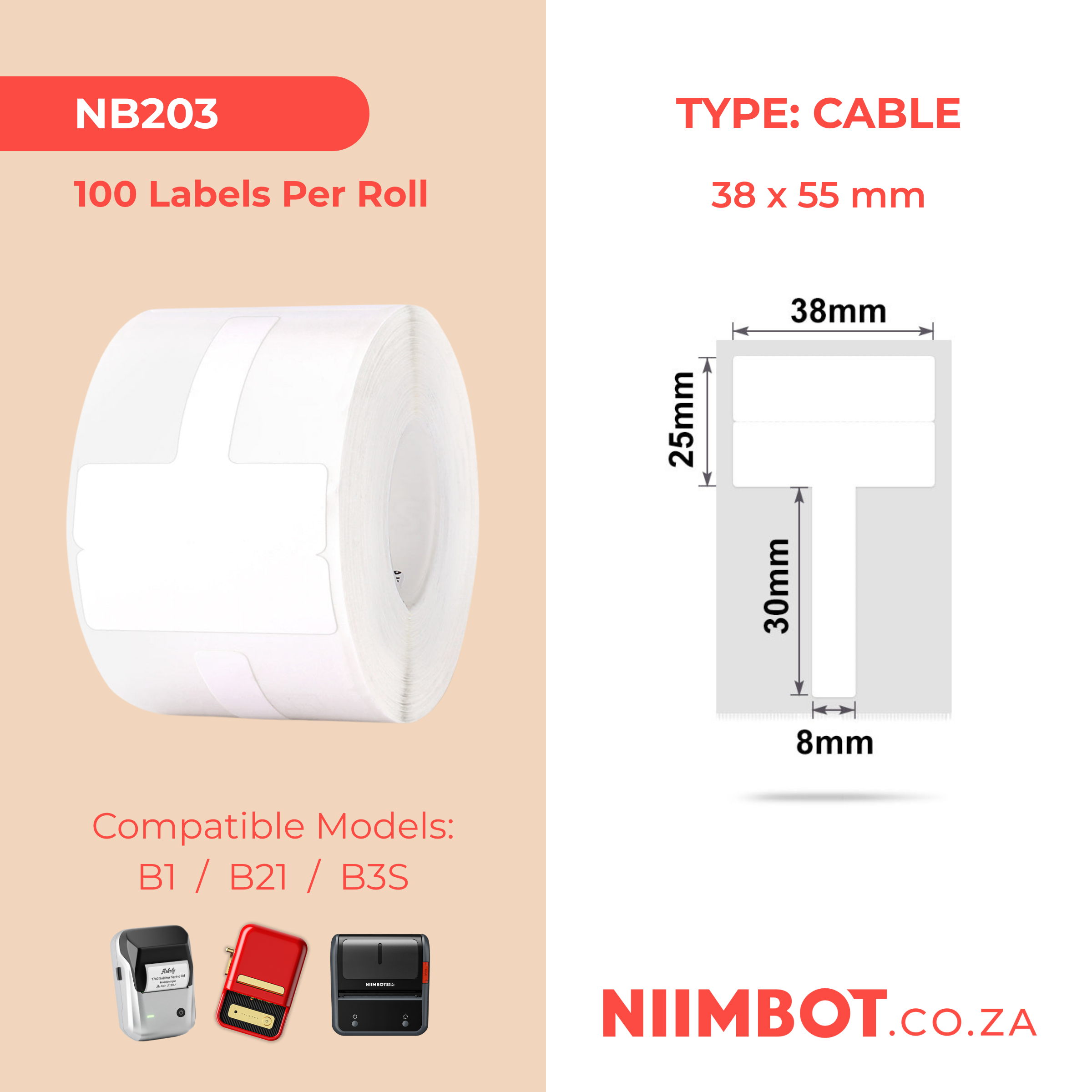 NB203 - NIIMBOT - B1 / B21 / B3S / B4 - T38X25+30MM - 130 LABELS PER ROLL - CABLE / JEWELLERY - WHITE