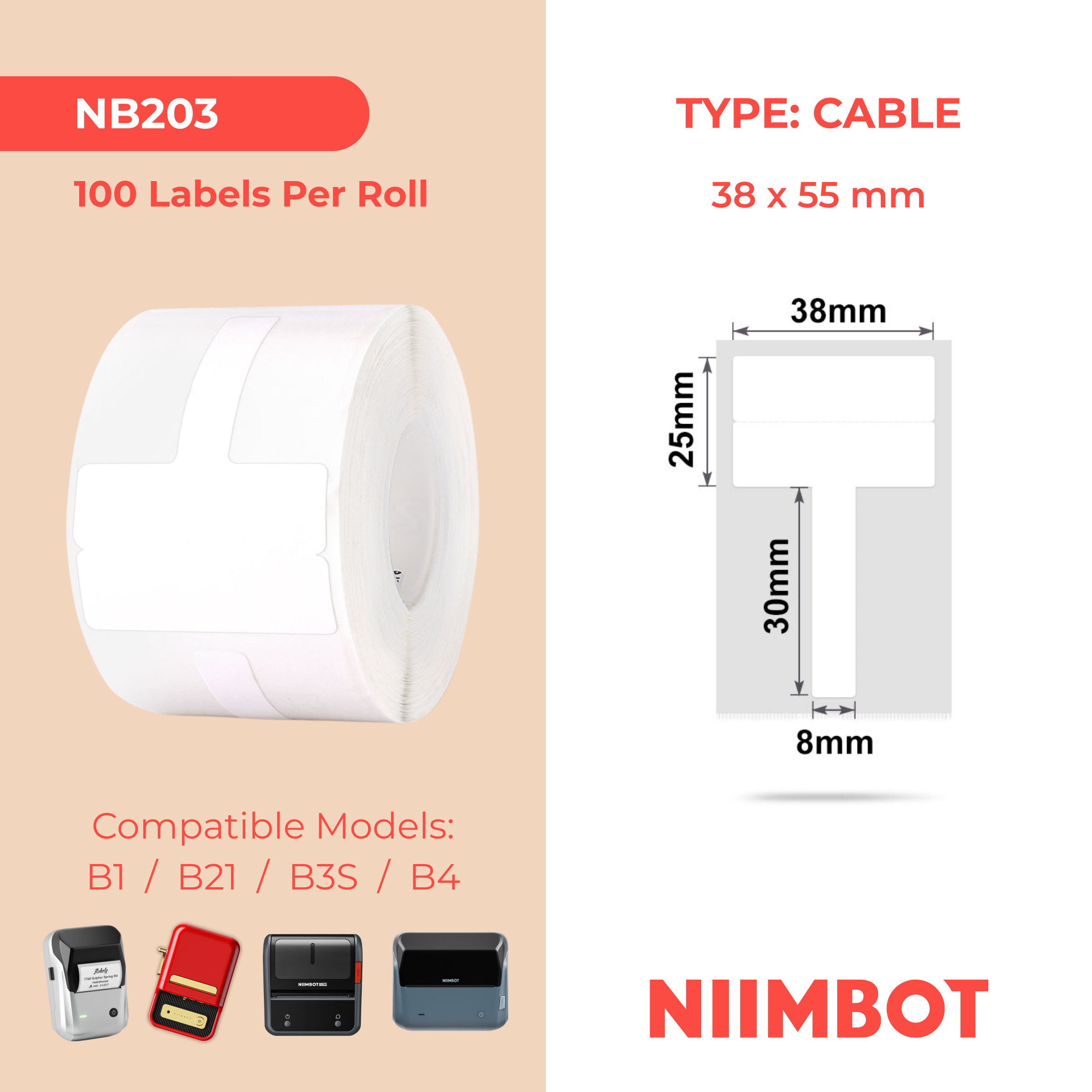 NB203 - NIIMBOT - B1 / B21 / B3S / B4 - T38X25+30MM - 130 LABELS PER ROLL - CABLE / JEWELLERY - WHITE