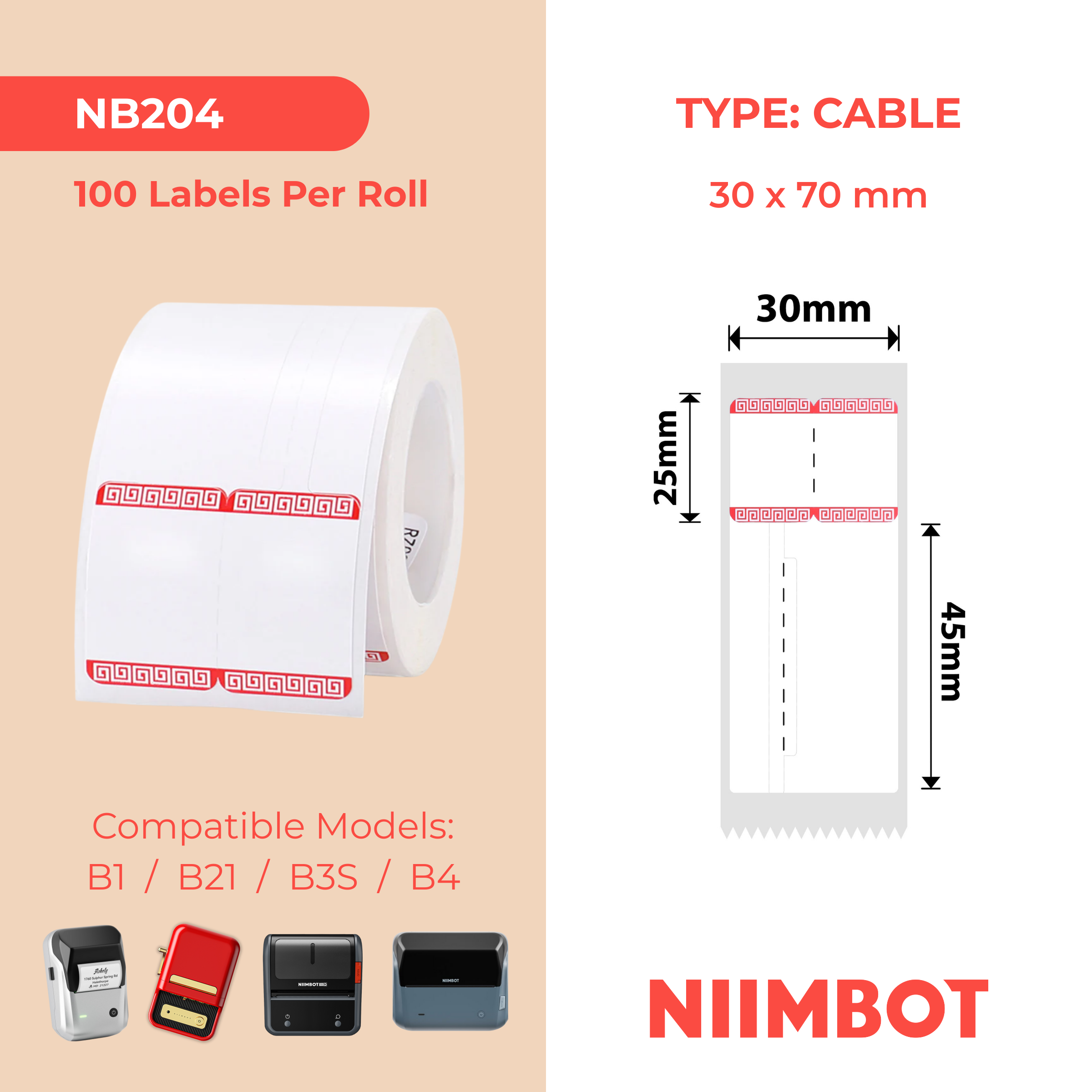 NB204 - NIIMBOT - B1 / B21 / B3S - 30*70MM - RING - 100 ETIKETTE PER ROL - ROOI RANDONTWERP